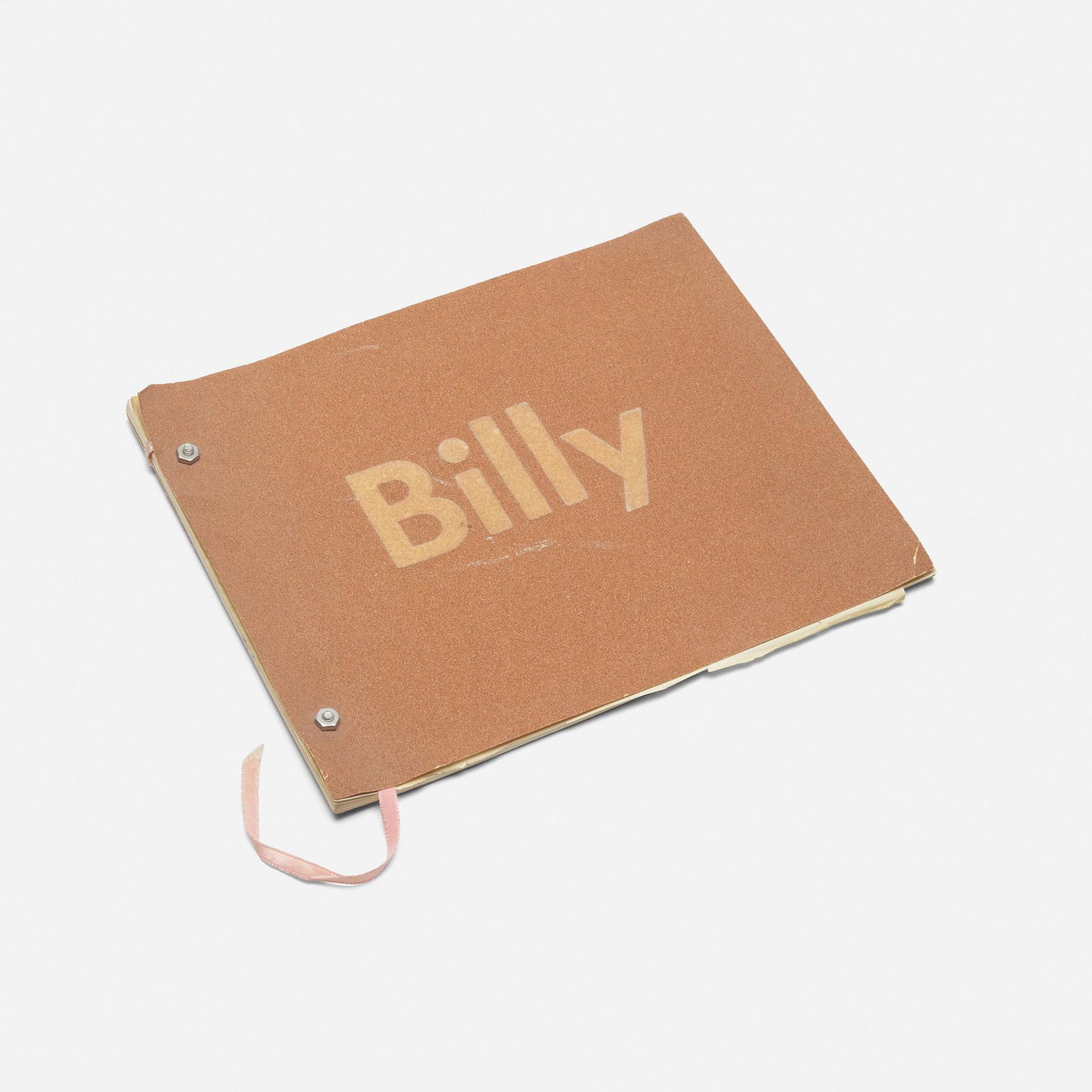 Ed Ruscha, Billy: Ed Ruscha Billy 1968exhibition catalogue with flocked sandpaper cover, machine screw and hex nut binding, and satin ribbon bookmark 9 h x 11 w in (23 x 28 cm) Ruscha designed this catalogue fo