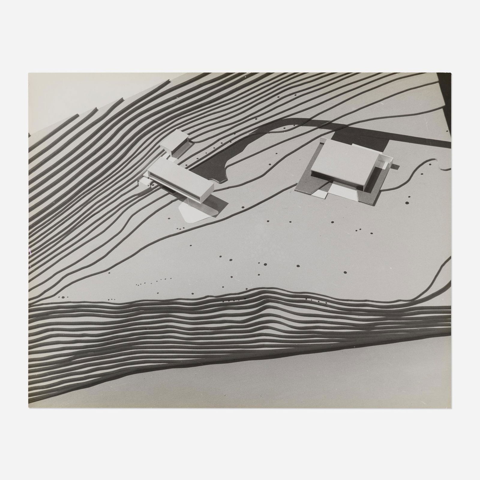 Eames and Saarinen, Case Study House photograph: Herbert Matter Case Study House photograph c. 1945gelatin silver print 11.125 h x 14 w in (28 x 36 cm) This photograph illustrates the site model for Case Study Houses 8?known as the Bridge Ho