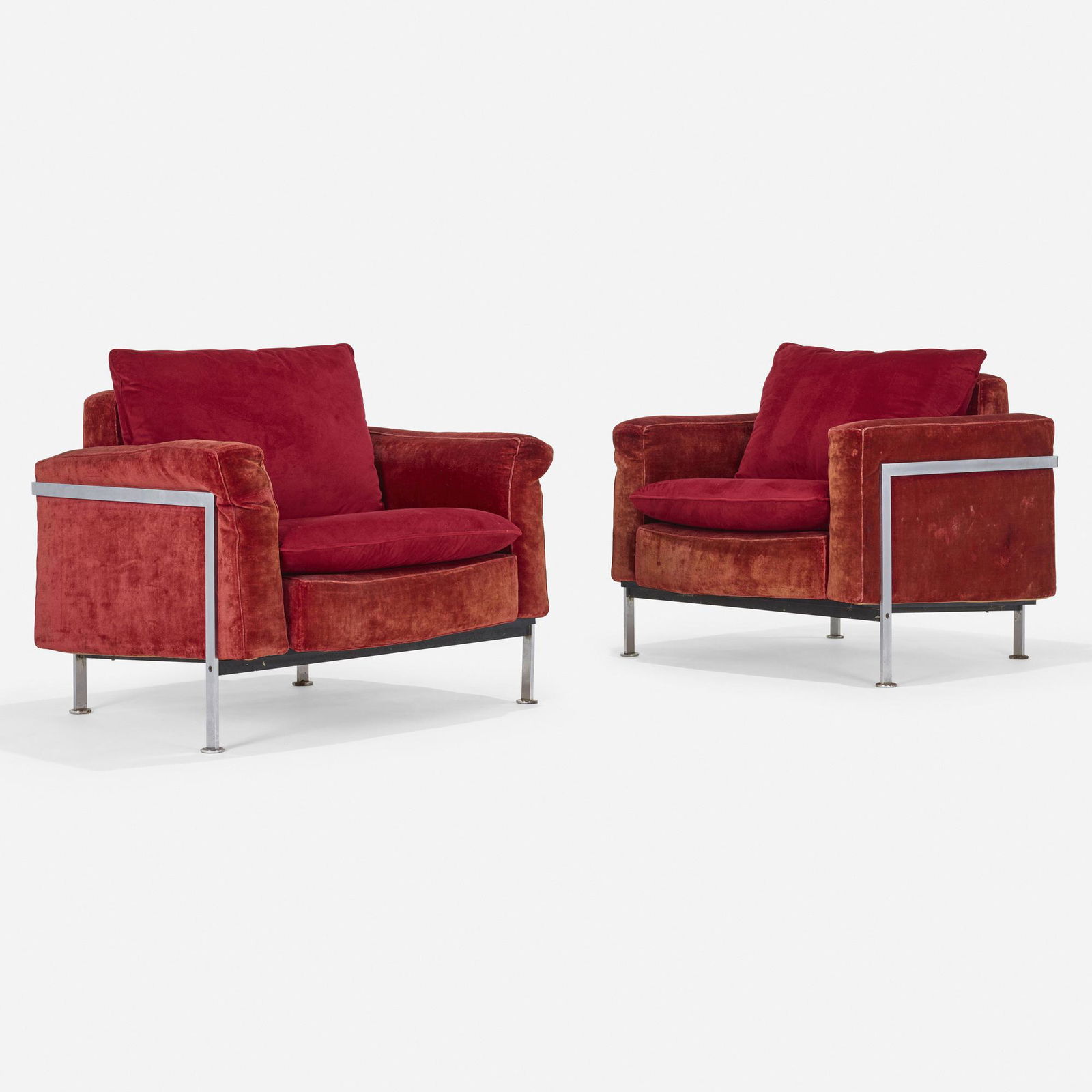 Haussmann, Lounge chairs model RH 302, pair: Robert Haussmann Lounge chairs model RH 302, pair De SedeSwitzerland, 1954 / c. 1970upholstery, chrome-plated steel 32 h x 38 w x 32 d in (81 x 97 x 81 cm) Provenance: P