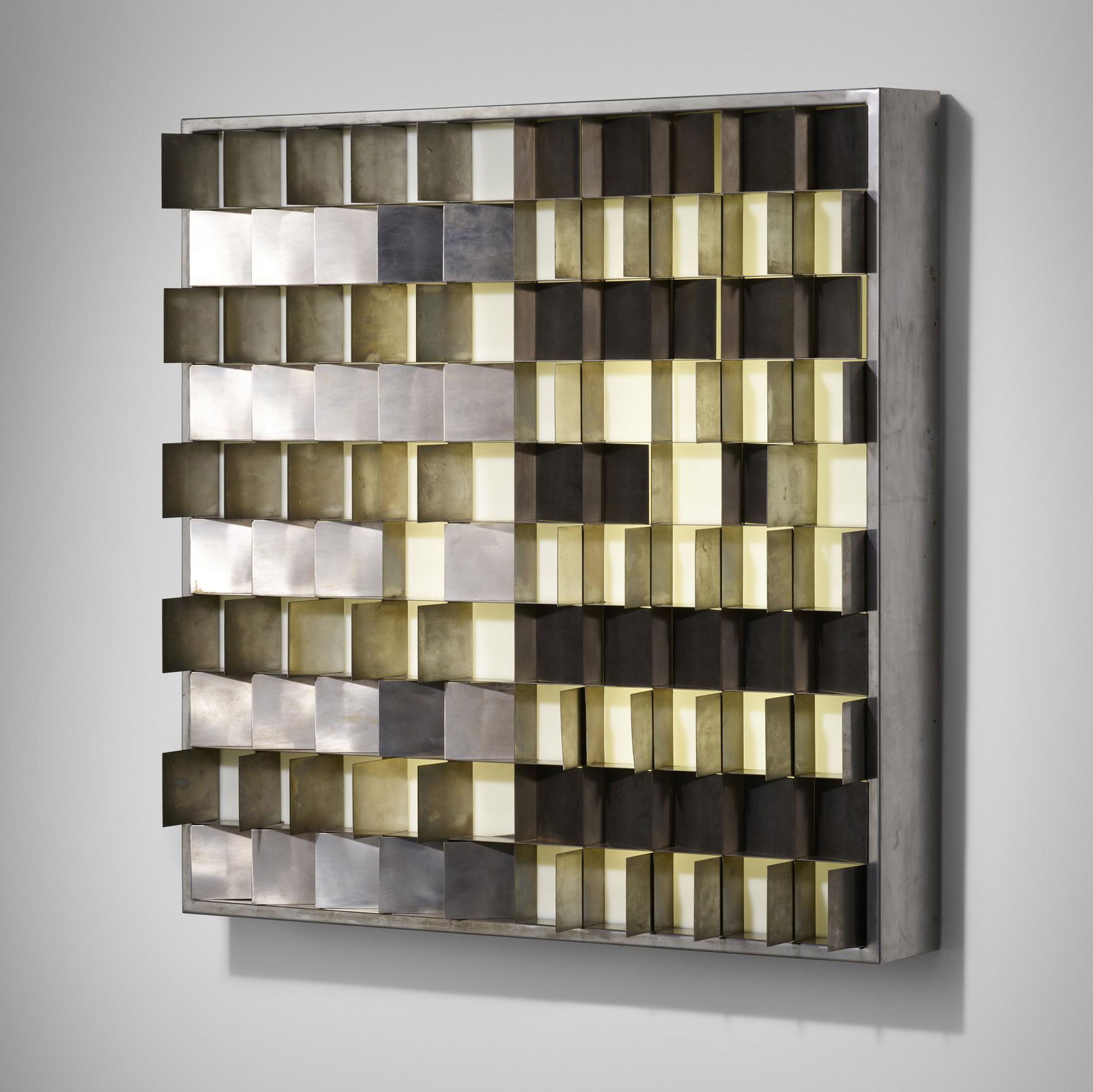 Gianfranco Fini, Programma wall lamp: Gianfranco Fini Programma wall lamp New Lamp Co.Italy, c. 1970stainless steel, Methacrylate 41 h x 41 w x 6 d in (104 x 104 x 15 cm) Literature: Light, Lamps 1968-197