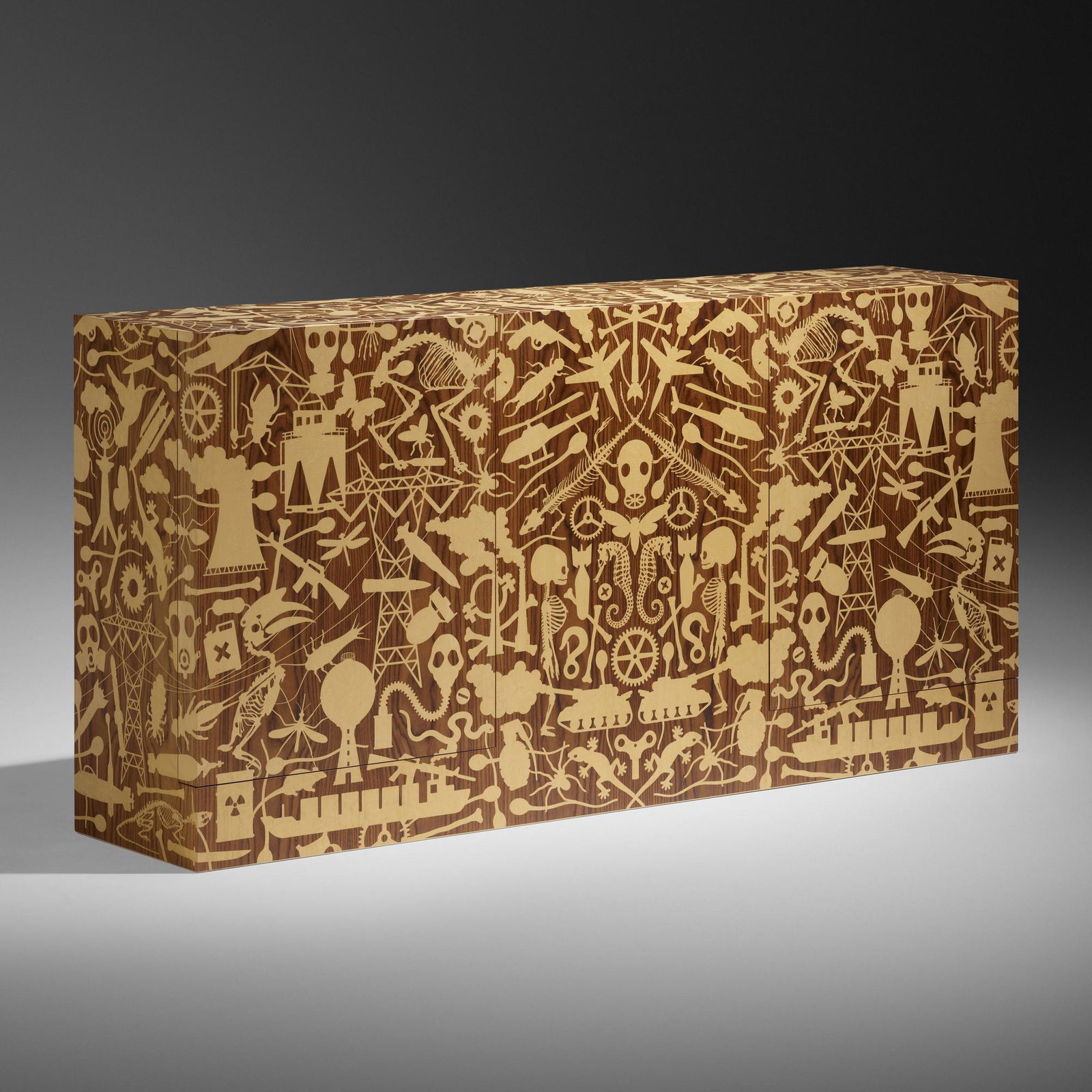 Studio Job, Industry cabinet: Studio Job Industry cabinet Belgium, 2009 / 2014Indian rosewood, bird's-eye maple 35.5 h x 70.75 w x 15.75 d in (90 x 180 x 40 cm) Cabinet features two doors each concealing storage compartmen