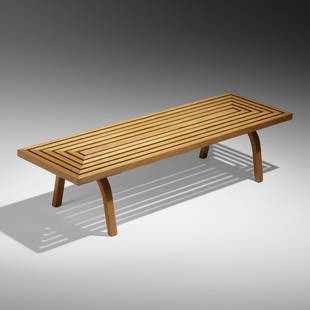 Edward Durell Stone, Coffee table: Edward Durell Stone Coffee table Fulbright FurnitureUSA, c. 1945oak 15 h x 62.5 w x 19.5 d in (38 x 159 x 50 cm) Literature: Edward Durell Stone: The Evolution of an