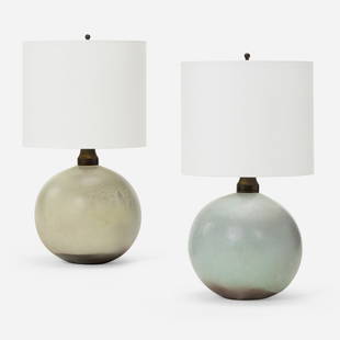 Jacques and Dani Ruelland, Table lamps, pair: Jacques and Dani Ruelland Table lamps, pair France, c. 1960glazed earthenware, linen shades, brass 22 h x 12.25 dia in (56 x 31 cm) Incised signature to underside of each example 'Ruelland'. <