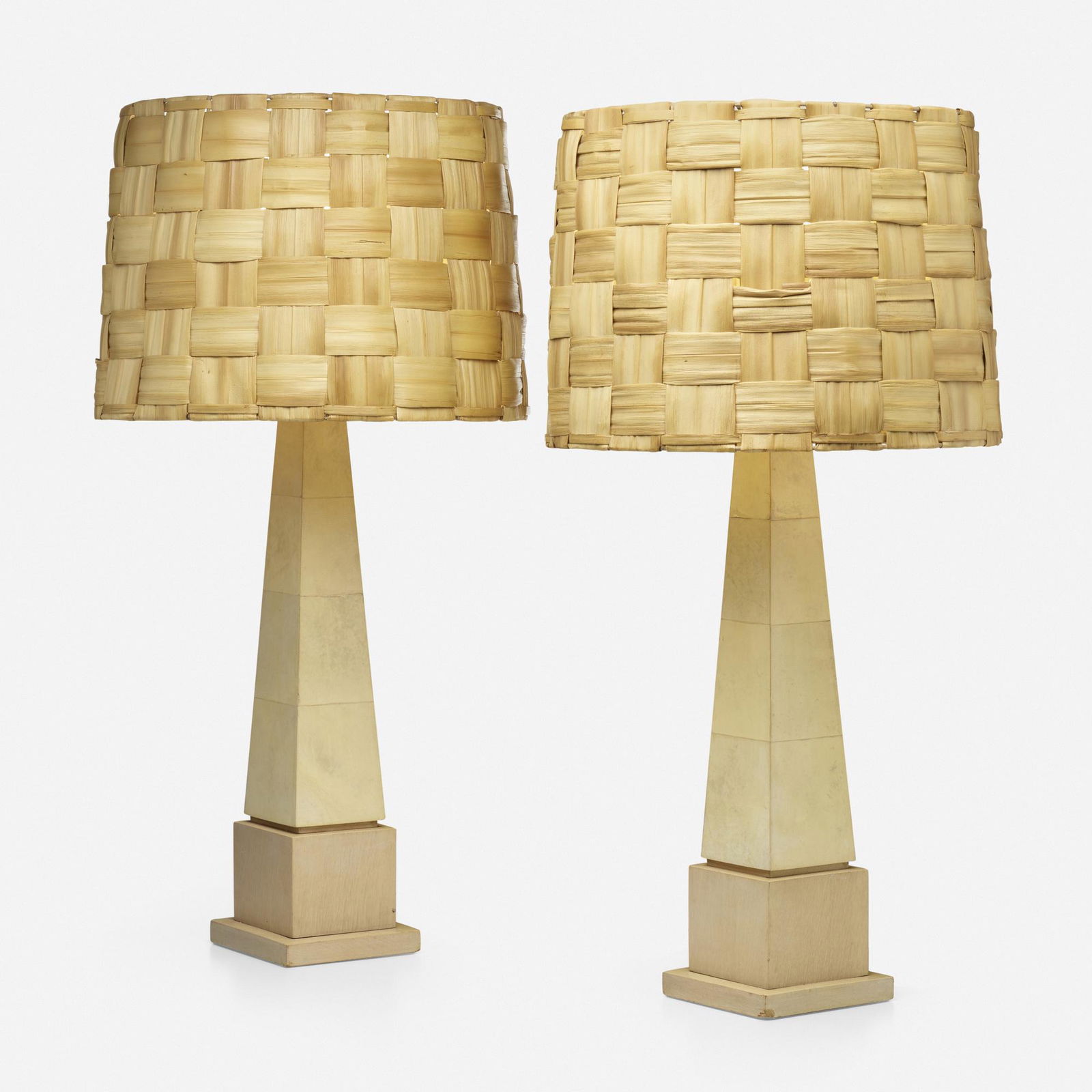 Samuel Marx, Table lamps: Samuel Marx Table lamps from the James and Marilynn Alsdorf Residence, Chicago USA, c. 1940vellum over wood, washed oak, raffia, milk glass, brass 34.25 h x 18.25 dia in (87 x 46 cm) Sticker d