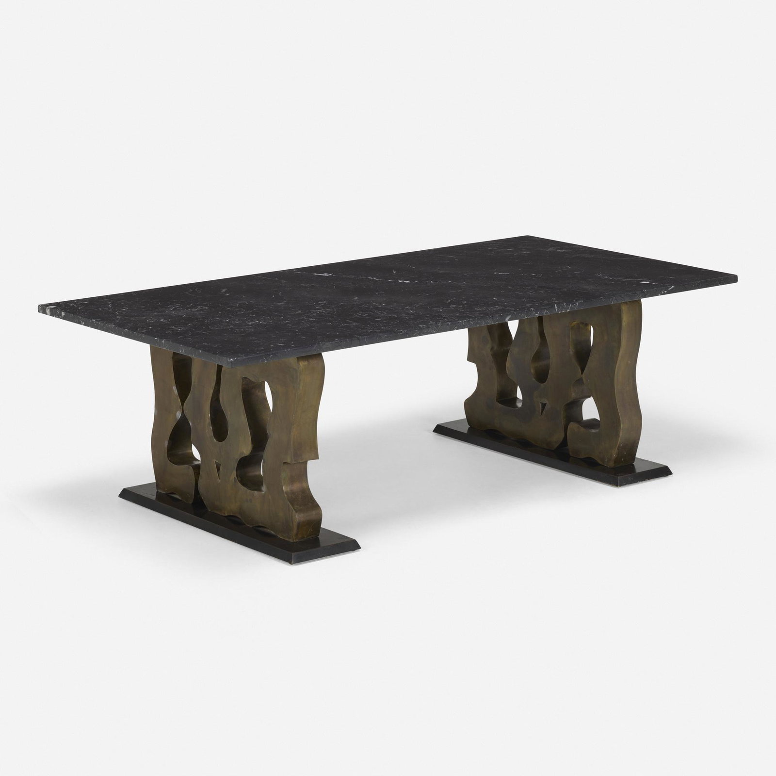 Philip and Kelvin LaVerne, Unique coffee table: Philip and Kelvin LaVerne Unique coffee table USA, 1975 patinated and enameled bronze, marble 17.75 h x 60 w x 30 d in (45 x 152 x 76 cm) Etched signature and date to each leg 'Philip Kelvin La