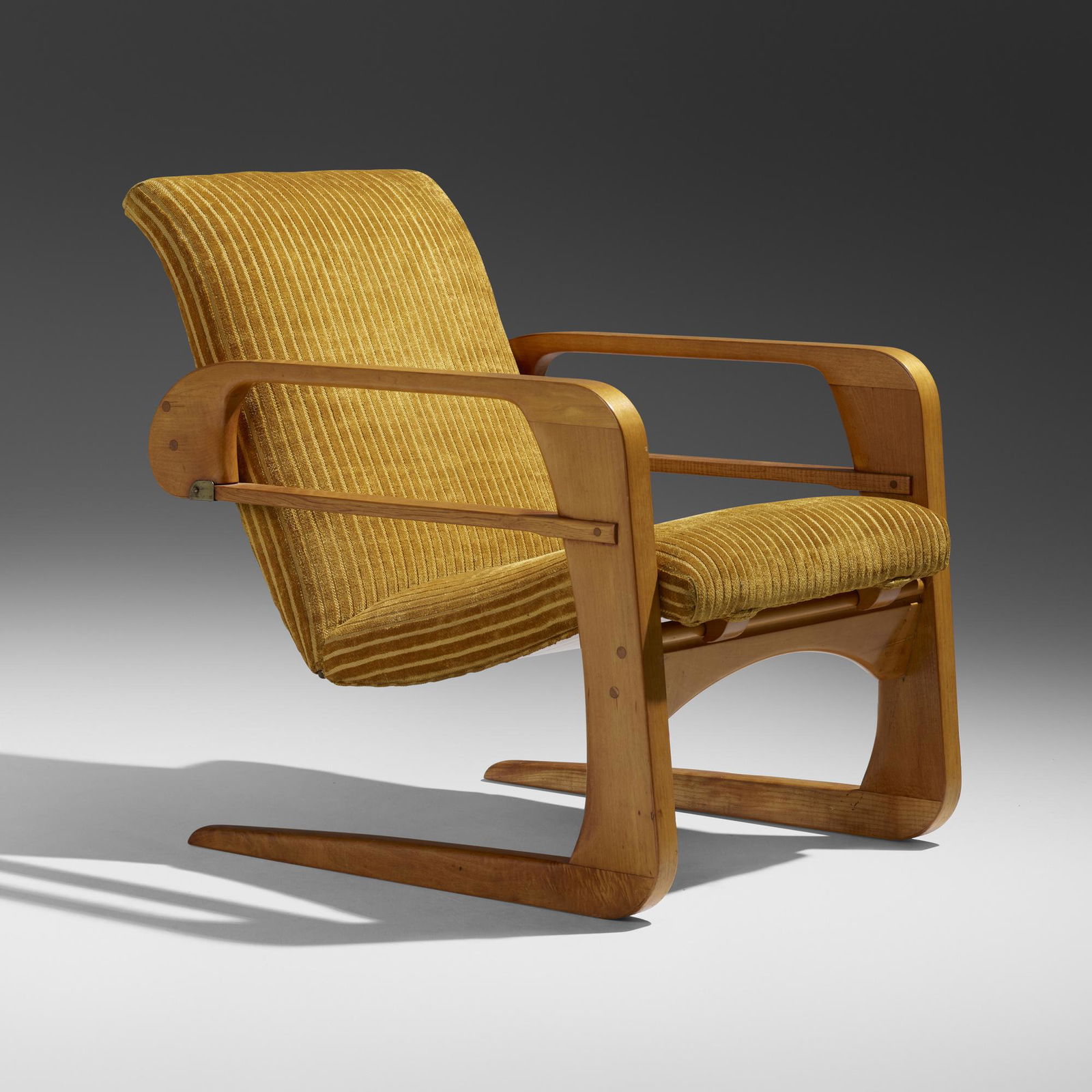 Kem Weber, Airline armchair: Kem Weber Airline armchair Airline Chair CompanyUSA, c. 1935maple, birch, upholstery, leather, brass, steel 30.5 h x 24.75 w x 33 d in (77 x 63 x 84 cm) Literature: K