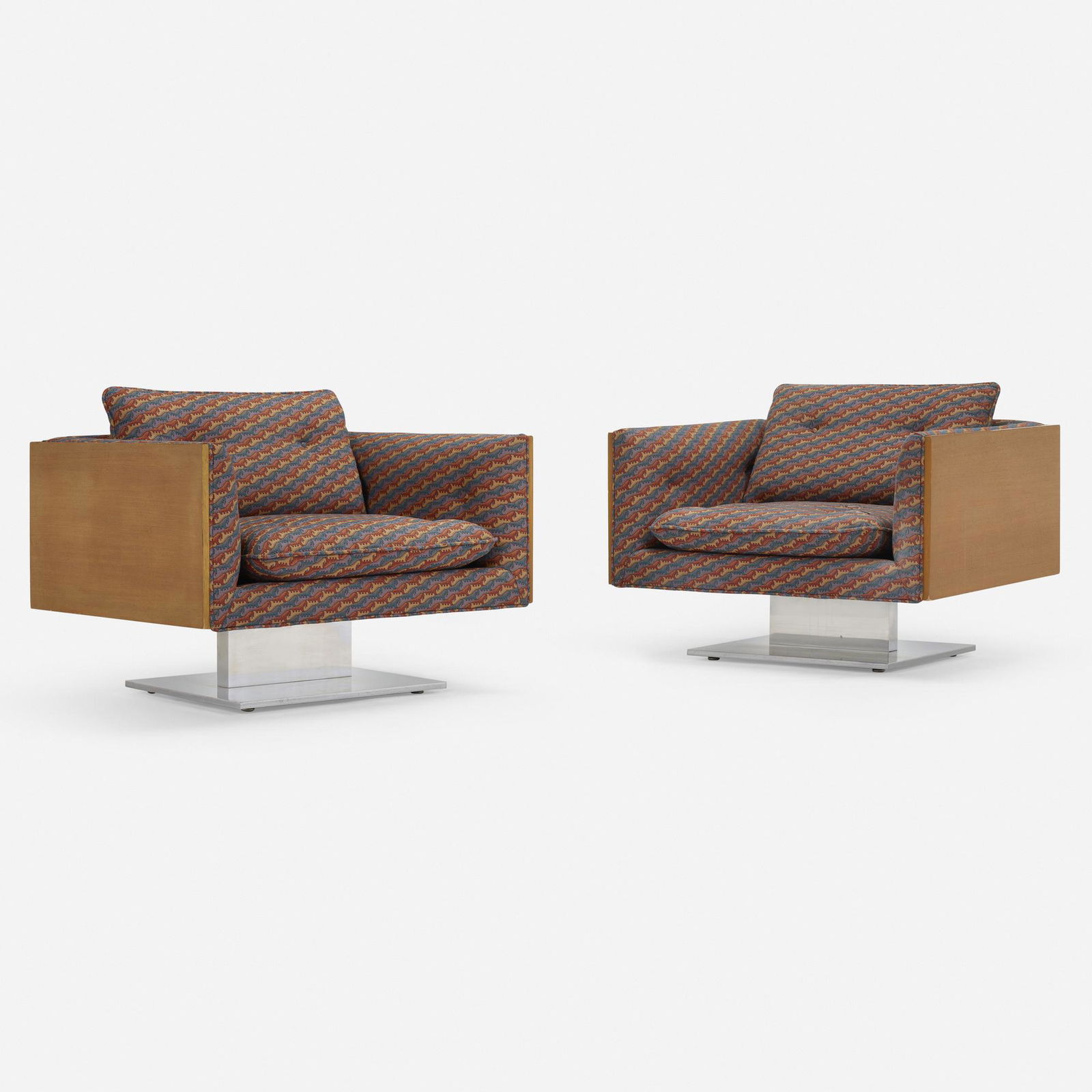 Warren Platner, Lounge chairs, pair: Warren Platner Lounge chairs, pair Lehigh LeopoldUSA, c. 1970teak, polished aluminum, upholstery 27 h x 37 w x 31.5 d in (69 x 94 x 80 cm) Literature: Ten by Warren P