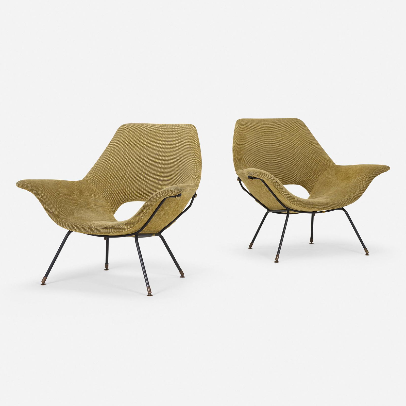 Augusto Bozzi, Lounge chairs, pair: Augusto Bozzi Lounge chairs, pair Fratelli SaporitiItaly, c. 1958upholstery, enameled iron, brass, rubber 33.25 h x 38.75 w x 32 d in (84 x 98 x 81 cm) Decal manufacturer's label to unde
