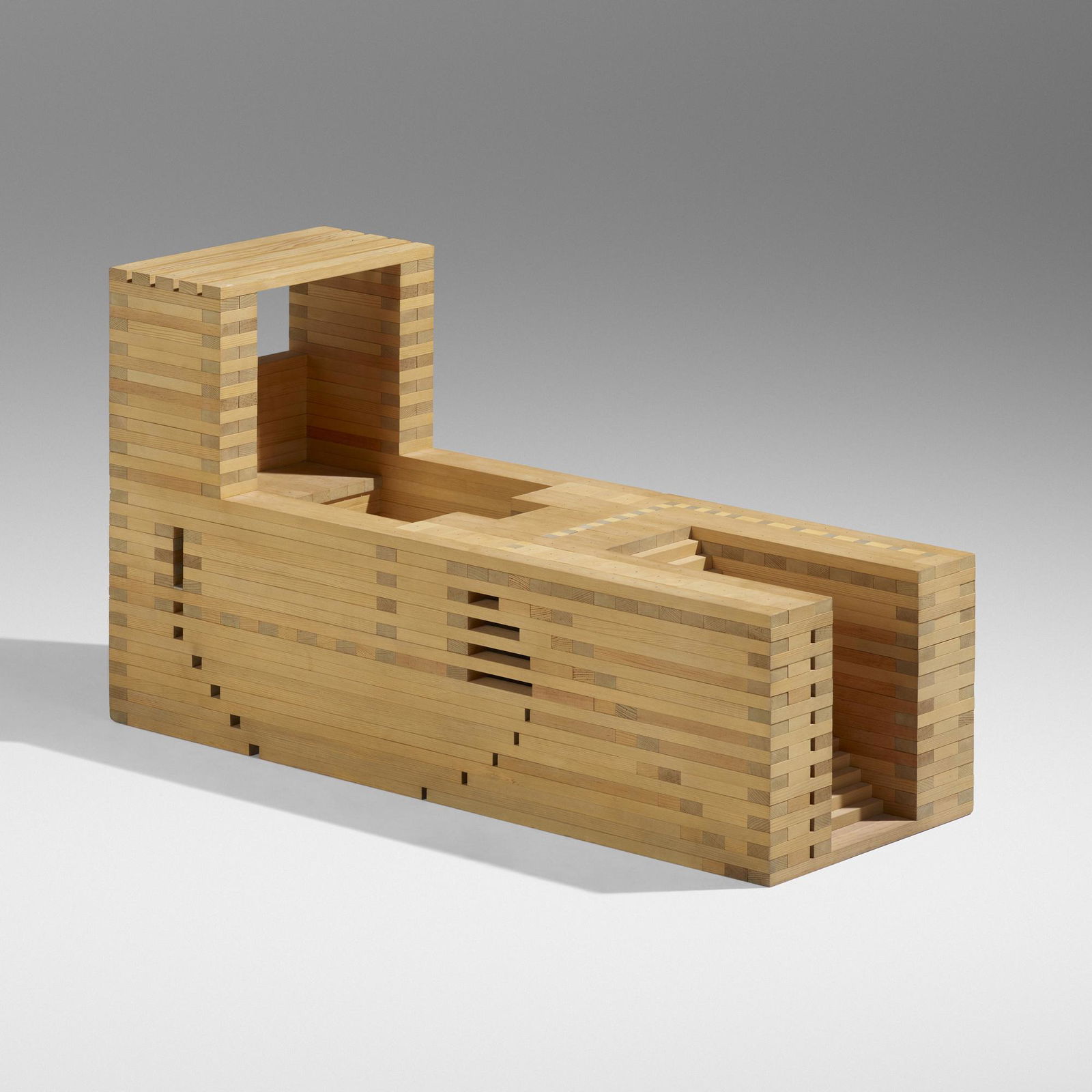 Jackie Ferrara, Exilion Seat: Jackie Ferrara Exilion Seat 1984stained pine and poplar wood construction 18.25 h x 32.5 w x 12 d in (46 x 83 x 30 cm) Signed, titled, dated and inscribed to underside 'M249 Exilion Seat Ferra