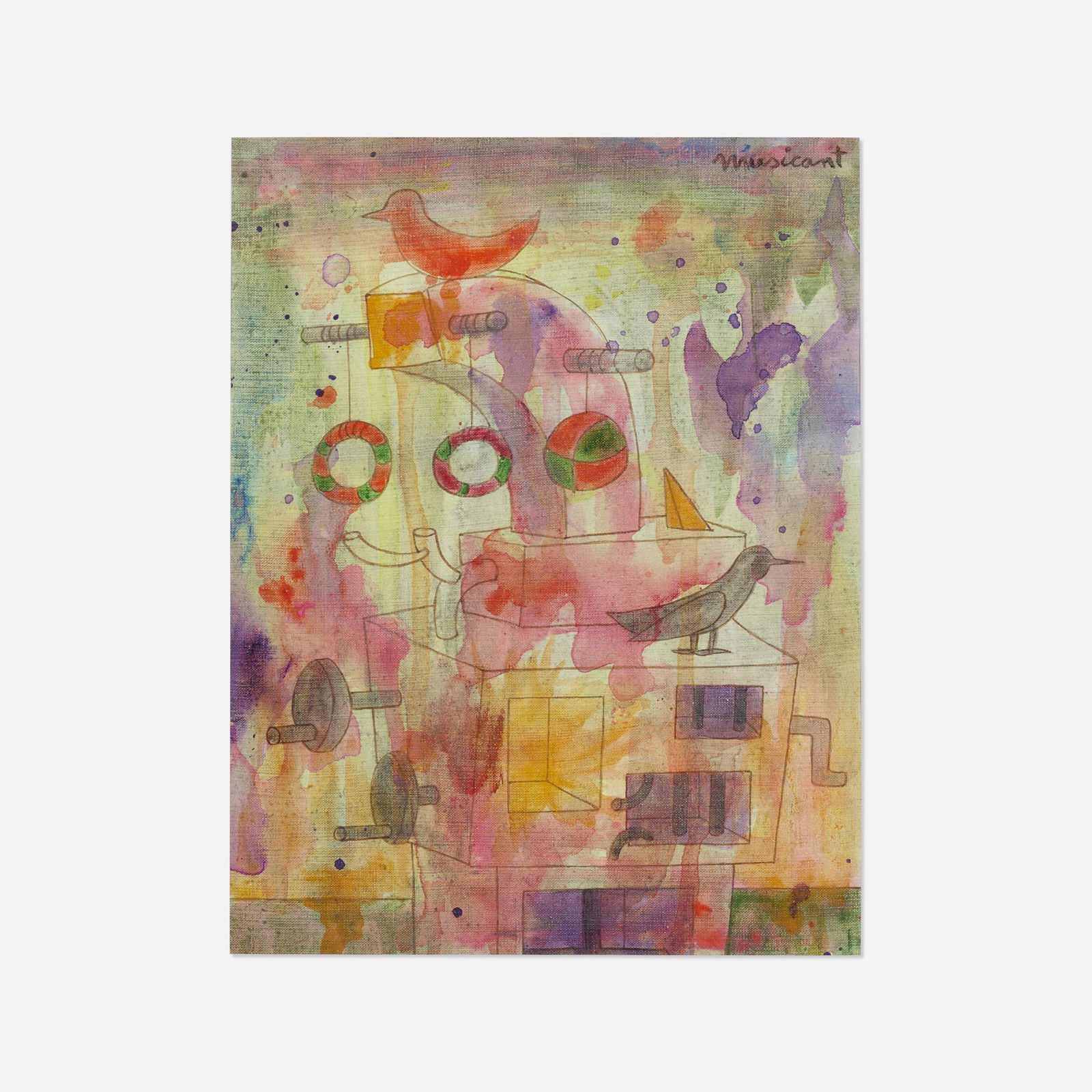 Tobias Musicant, Two Perched Birds: Tobias Musicant Two Perched Birds mixed media on canvas sight: 10.625 h x 8.125 w in (27 x 21 cm) Signed to upper right 'Musicant'. This work will ship from Lambertville, New Jer