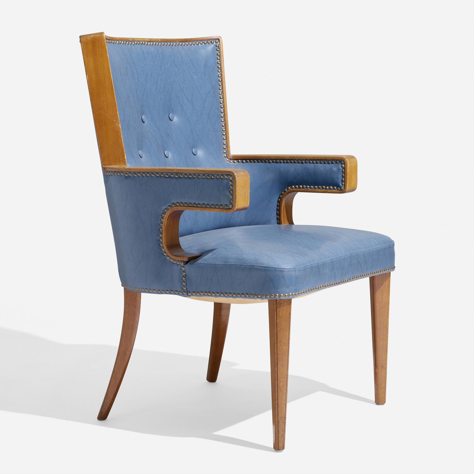 Frankins Mobler, Rare armchair: Frankins Mobler Rare armchair Sweden, c. 1955 vinyl, mahogany, brass 38.25 h x 25 w x 26.5 d in (97 x 63 x 67 cm) The Halsingborgs Hamn harbor office was designed in the early 1950s by architec