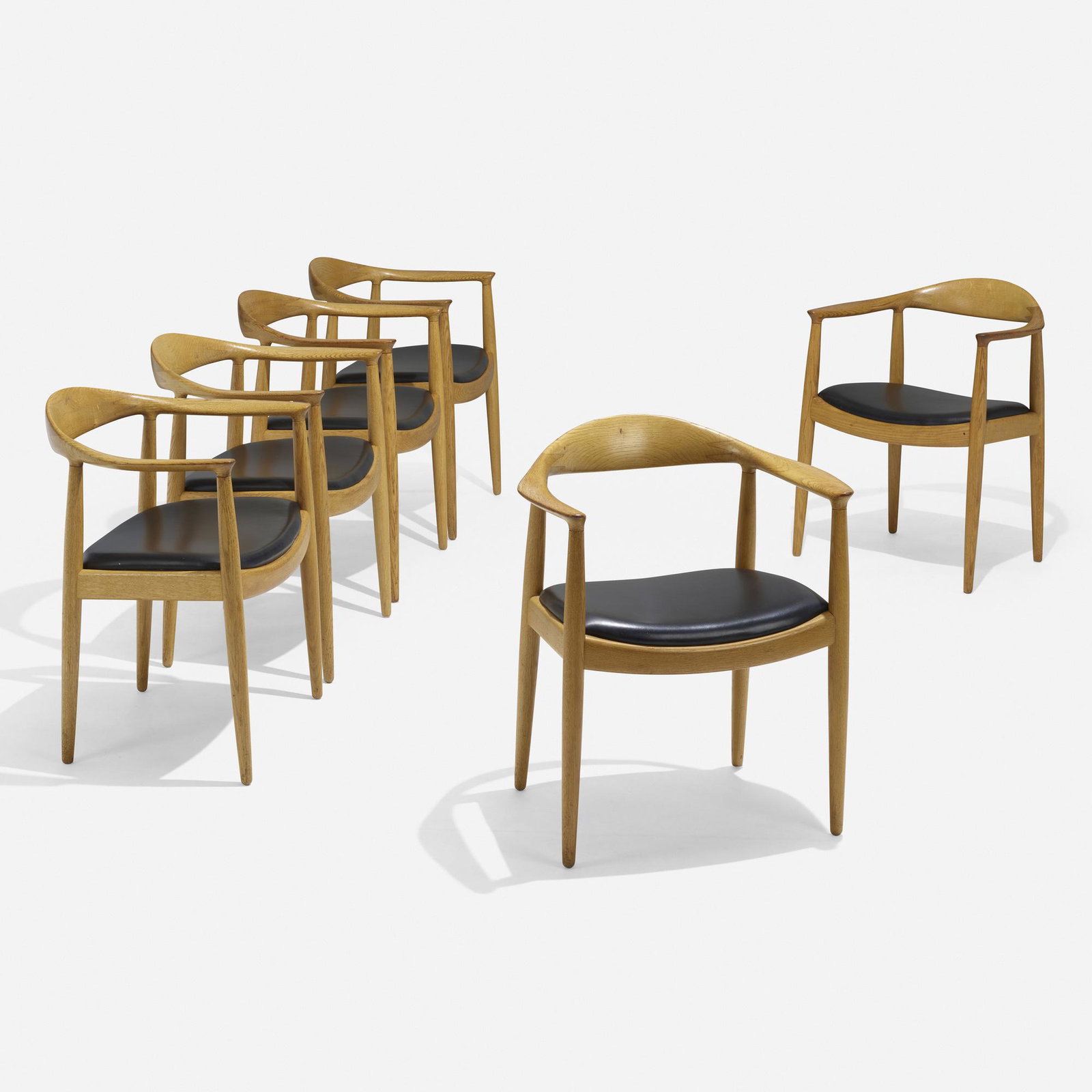 Hans J. Wegner, The Chairs, set of six: Hans J. Wegner The Chairs, set of six Johannes Hansen Denmark, 1949 oak, leather 30 h x 25 w x 20.75 d in (76 x 63 x 53 cm) Branded manufacturer's mark to underside of each example 'Johann