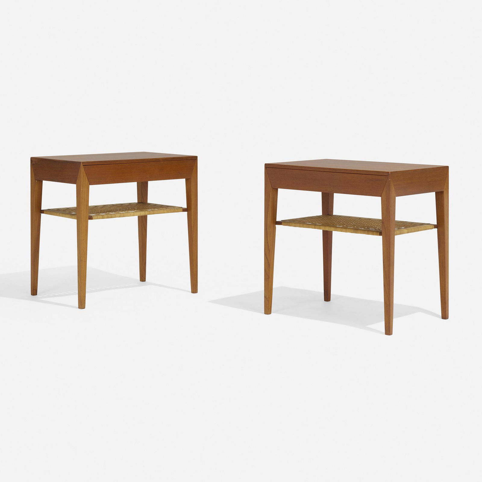 Severin Hansen Jr., Nightstands, pair: Severin Hansen Jr. Nightstands, pair Haslev Mobelsnedkeri A/SDenmark, c. 1965teak, cane 19.5 h x 19.5 w x 13.75 d in (50 x 50 x 35 cm) Each nightstand features one drawer with a non-adju