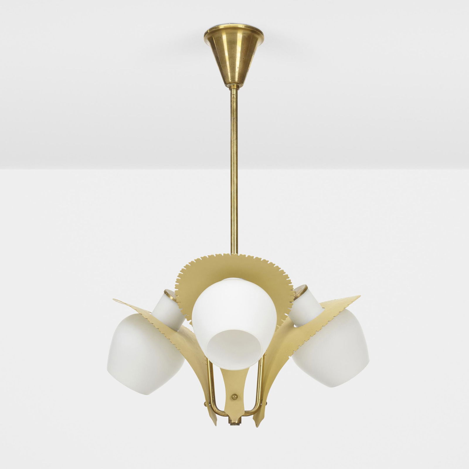 Bengt Karlby, Ceiling lamp: Bengt Karlby Ceiling lamp LyfaDenmark, c. 1955brass, enameled aluminum, milk glass 24 h x 19 dia in (61 x 48 cm) This work will ship from Chicago, Illinois.