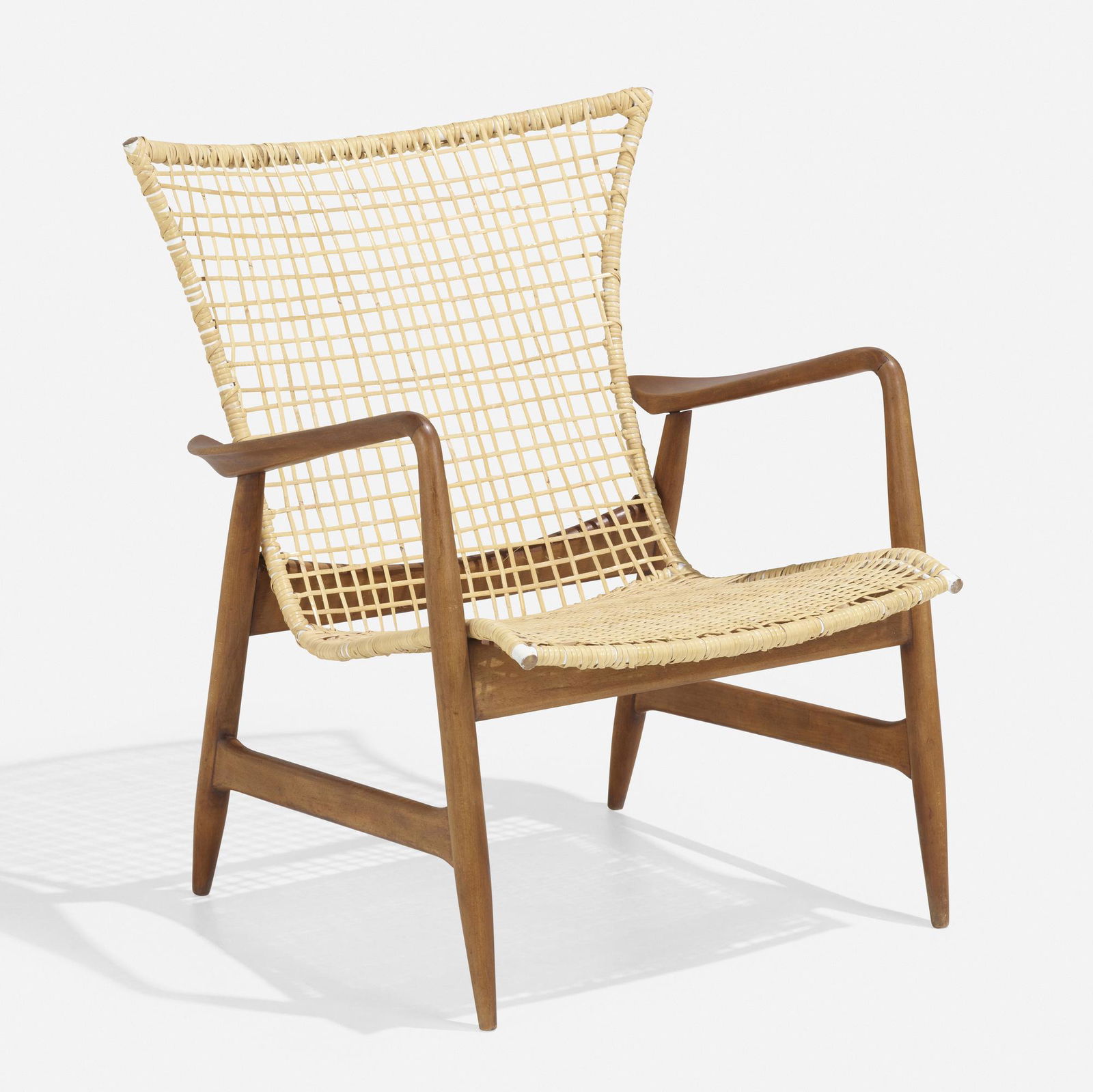 Ib Kofod-Larsen, Rare armchair: Ib Kofod-Larsen Rare armchair SeligDenmark / USA, c. 1960beech, caning, enameled brass 31.25 h x 25.5 w x 24 d in (79 x 65 x 61 cm) This work will ship from Lambertville, Ne