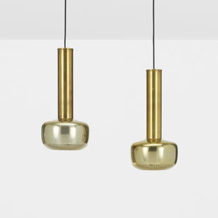 Vilhelm Lauritzen, Guldpendel pendant lamps: Vilhelm Lauritzen Guldpendel pendant lamps, set of two Louis PoulsenDenmark, 1955brass 14.25 h x 6.75 dia in (36 x 17 cm) This work will ship from Chicago, Illinois.