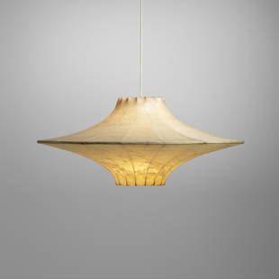 Castiglioni, Cocoon pendant: Achille and Pier Giacomo Castiglioni Large Cocoon pendant Italy, c. 1965cocoon-sprayed plastic shade, aluminum 15 h x 32 dia in (38 x 81 cm) This work will ship from Lambertville,