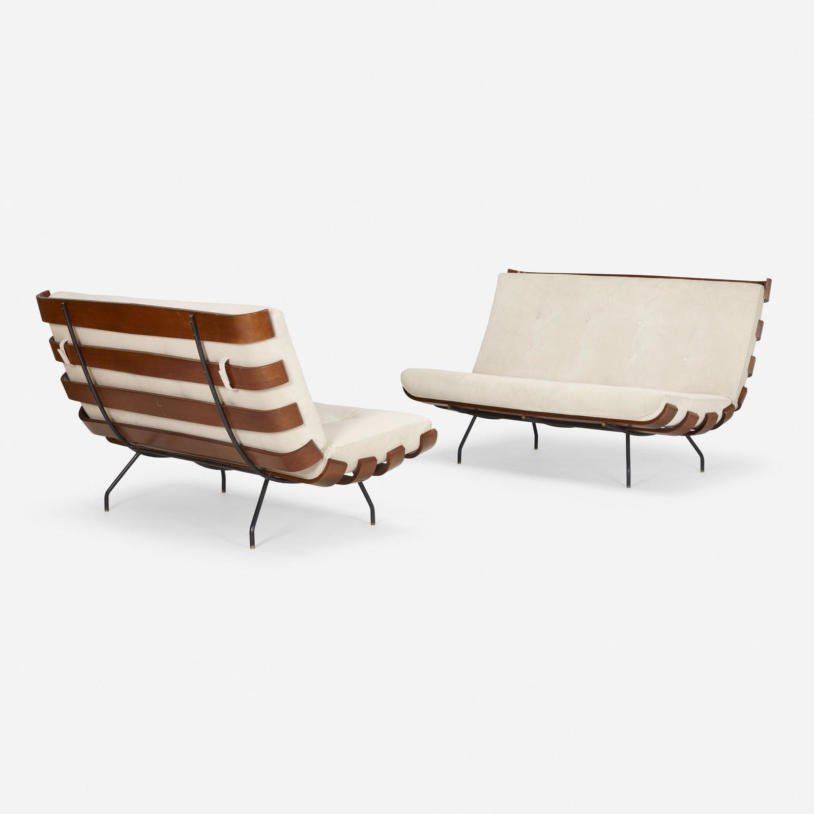 Martin Eisler and Carlo Hauner, Settees, pair: Martin Eisler and Carlo Hauner Settees, pair FormaAustria/Italy / Brazil, c. 1955mahogany, walnut, felt upholstery, enameled steel, brass 32.25 h x 55 w x 33 d in (82 x 139 x 84 cm)