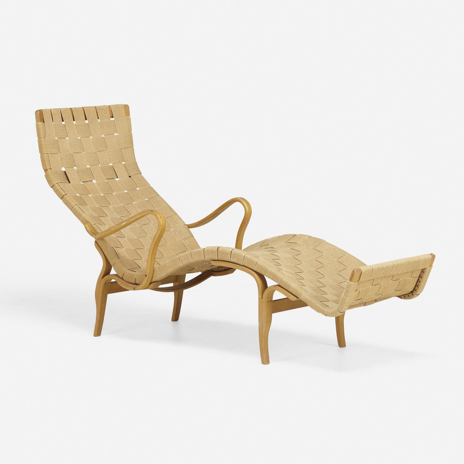 Bruno Mathsson, Pernilla 3 lounge chair: Bruno Mathsson Pernilla 3 lounge chair Firma Karl MathssonSweden, 1942beech, canvas, upholstery 36 h x 66 w x 25 d in (91 x 168 x 63 cm) Branded manufacturer's mark to underside 'Bruno M