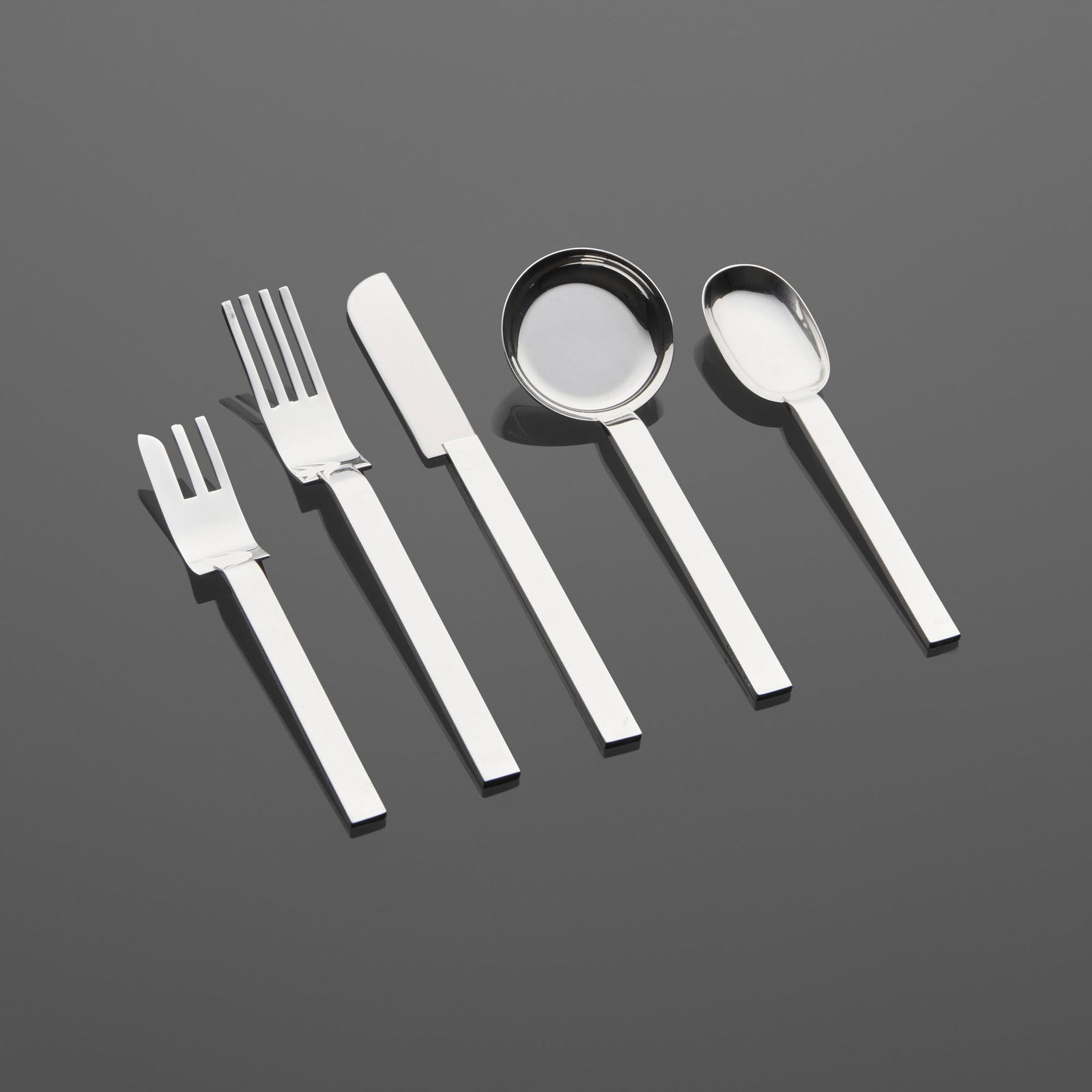 Russel Wright, Flatware for the Met: Russel Wright Flatware for the Metropolitan Museum of Art USA, 1933 / 1987silverplate Complete five-piece service for seven with five additional utensils; 40 pieces total. Impressed manufacturer'