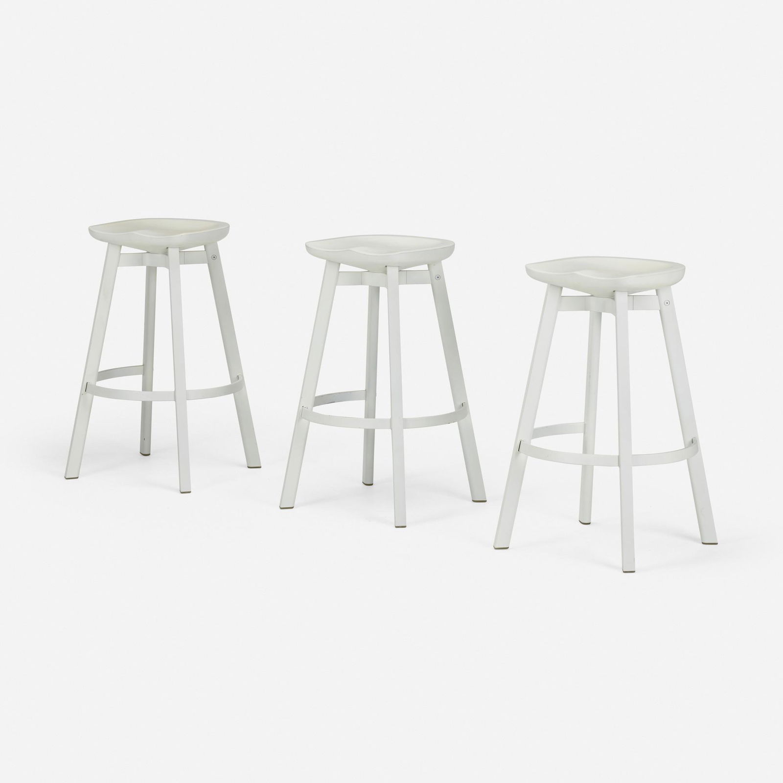 nendo, SU stools, set of three: nendo SU stools, set of three EmecoJapan / USA, 2014lacquered metal, plastic 30 h x 24 dia in (76 x 61 cm) Incised manufacturer's mark to back of seat on each example 'Emeco'. Incised ma