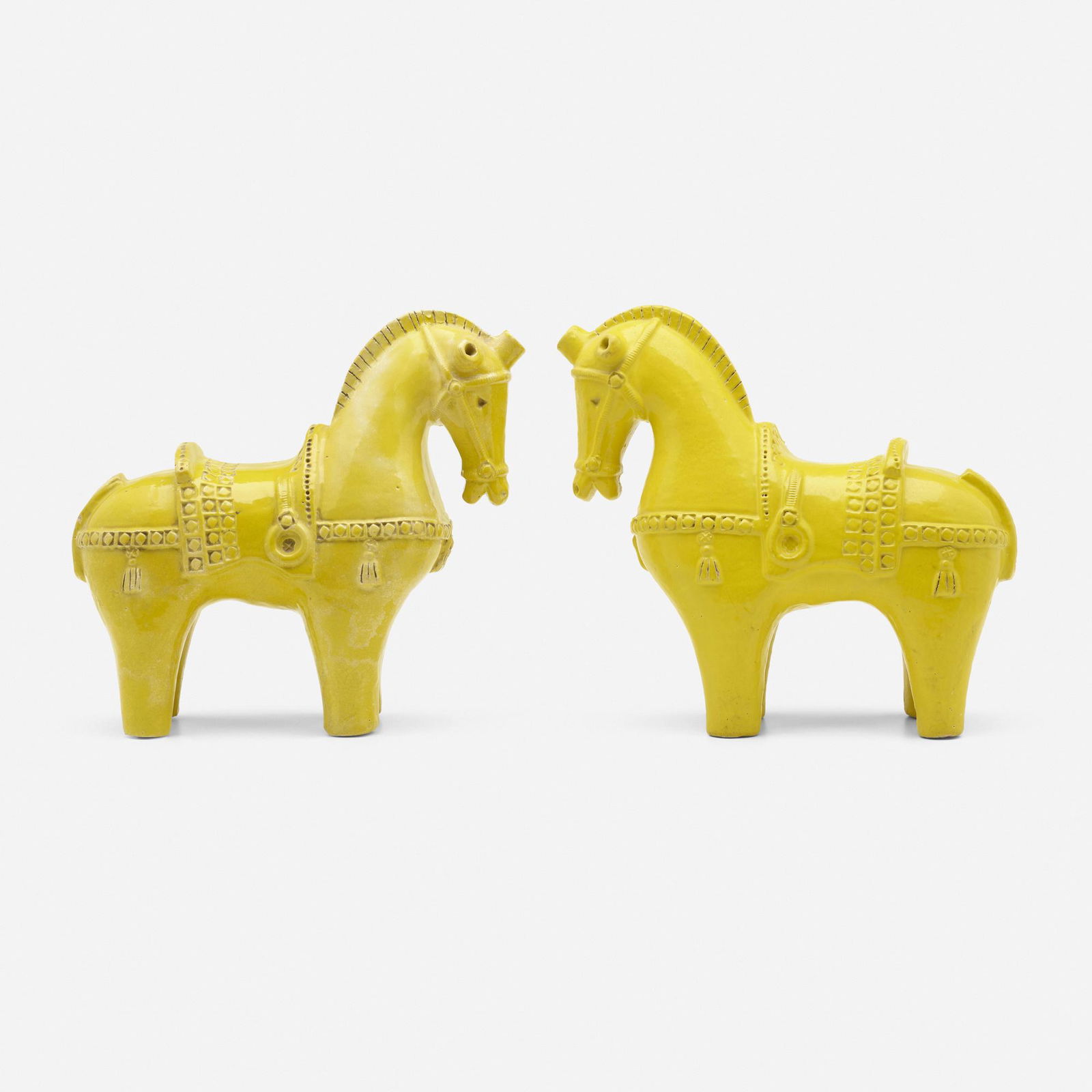 Aldo Londi, Horses, pair: Aldo Londi Horses, pair Bitossi/RaymorItaly, c. 1970glazed earthenware 15.5 h x 6.5 w x 16 d in (39 x 17 x 41 cm) Signed to underside of one example 'Italy'. Paper distributor's label to