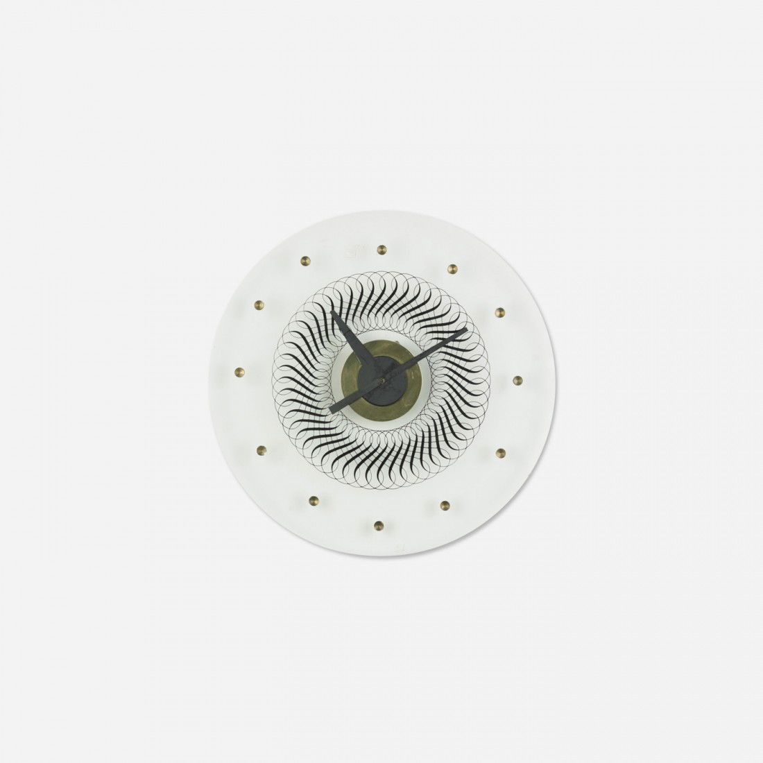 George Nelson & Associates wall clock, model 7517: George Nelson & Associates wall clock, model 7517 Howard Miller Clock Company USA, c. 1957 screenprint on glass, brass, enameled aluminum 18 dia x 30.5 h inches Signed with decal manufacturer's label