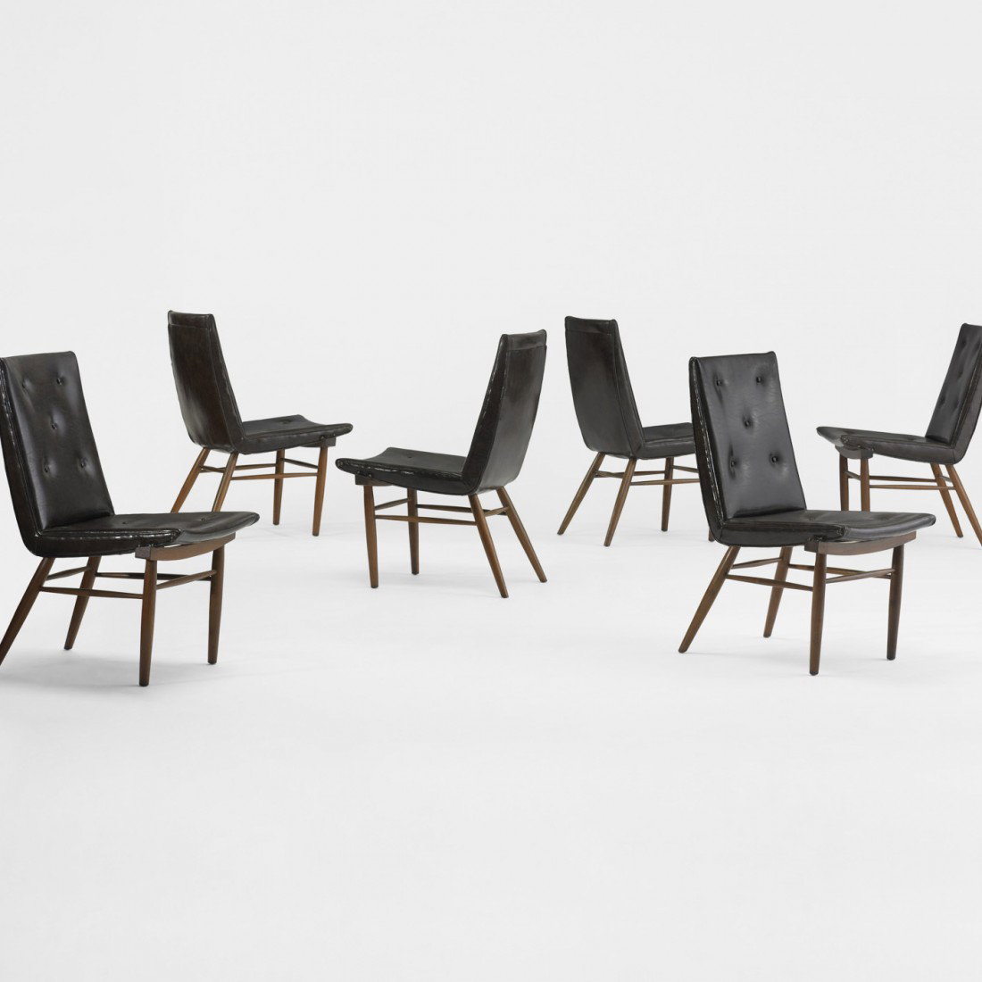 George Nakashima set of six Origins dining chairs: George Nakashima set of six Origins dining chairs, model 206 Widdicomb USA, 1959 walnut, vinyl 19.25 w x 26 d x 35.5 h inches Literature: Widdicomb, manufacturer's catalog, pg. 6