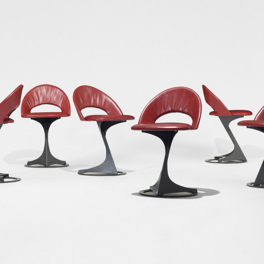 Santiago Calatrava set of six chairs: Santiago Calatrava set of six chairs from the Tabourettli Theatre De Sede Spain/Switzerland, 1986 enameled steel, leather 17.75 w x 19 d x 29 h inches Signed with embossed manufacturerâ€™s mark t