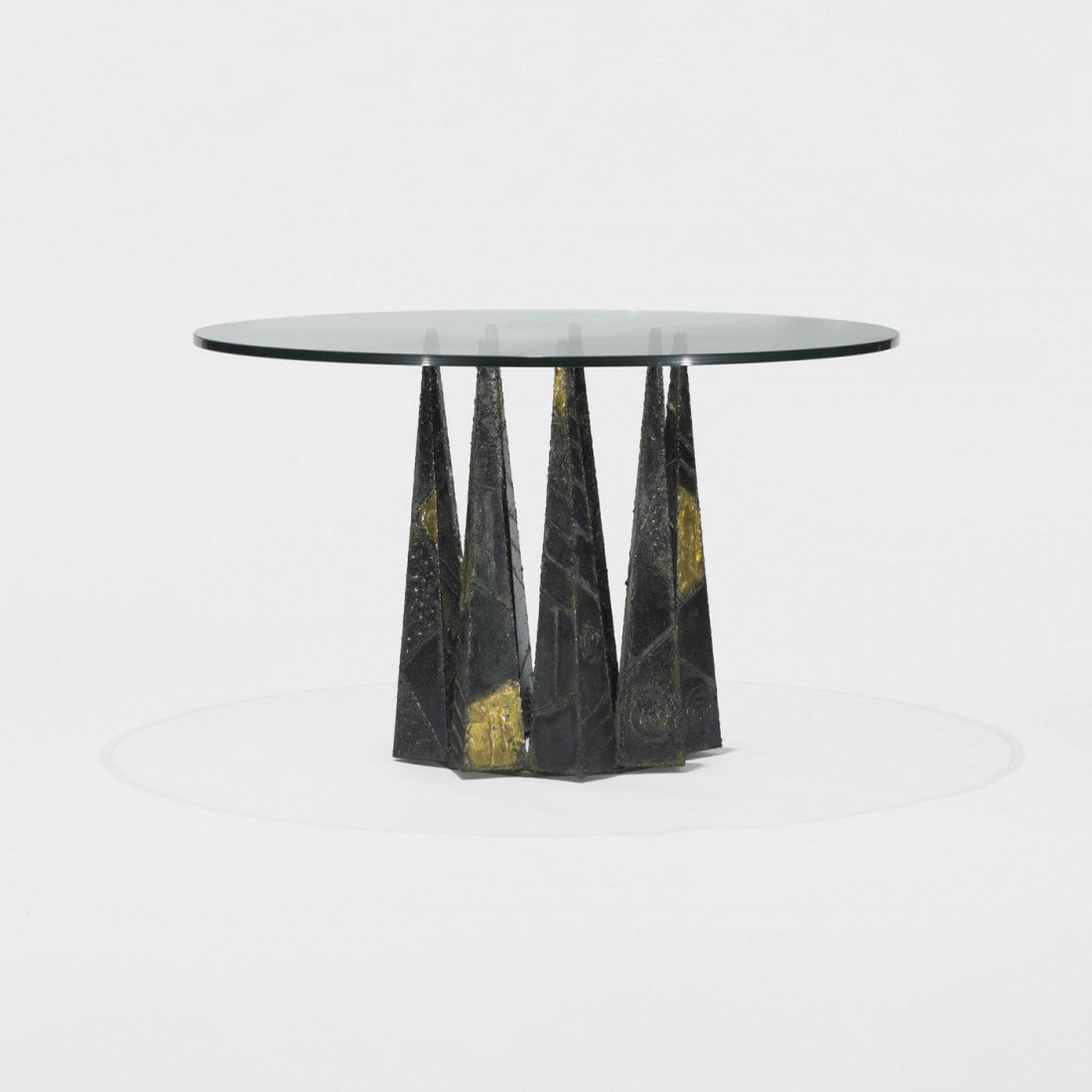 Paul Evans dining table, model PE-46: Paul Evans dining table, model PE-46 Paul Evans Studio for Directional USA, c. 1965 welded and patinated steel, glass 47.75 dia x 29 h inches Literature: Directional, manufacturer's catalog, unpaginat
