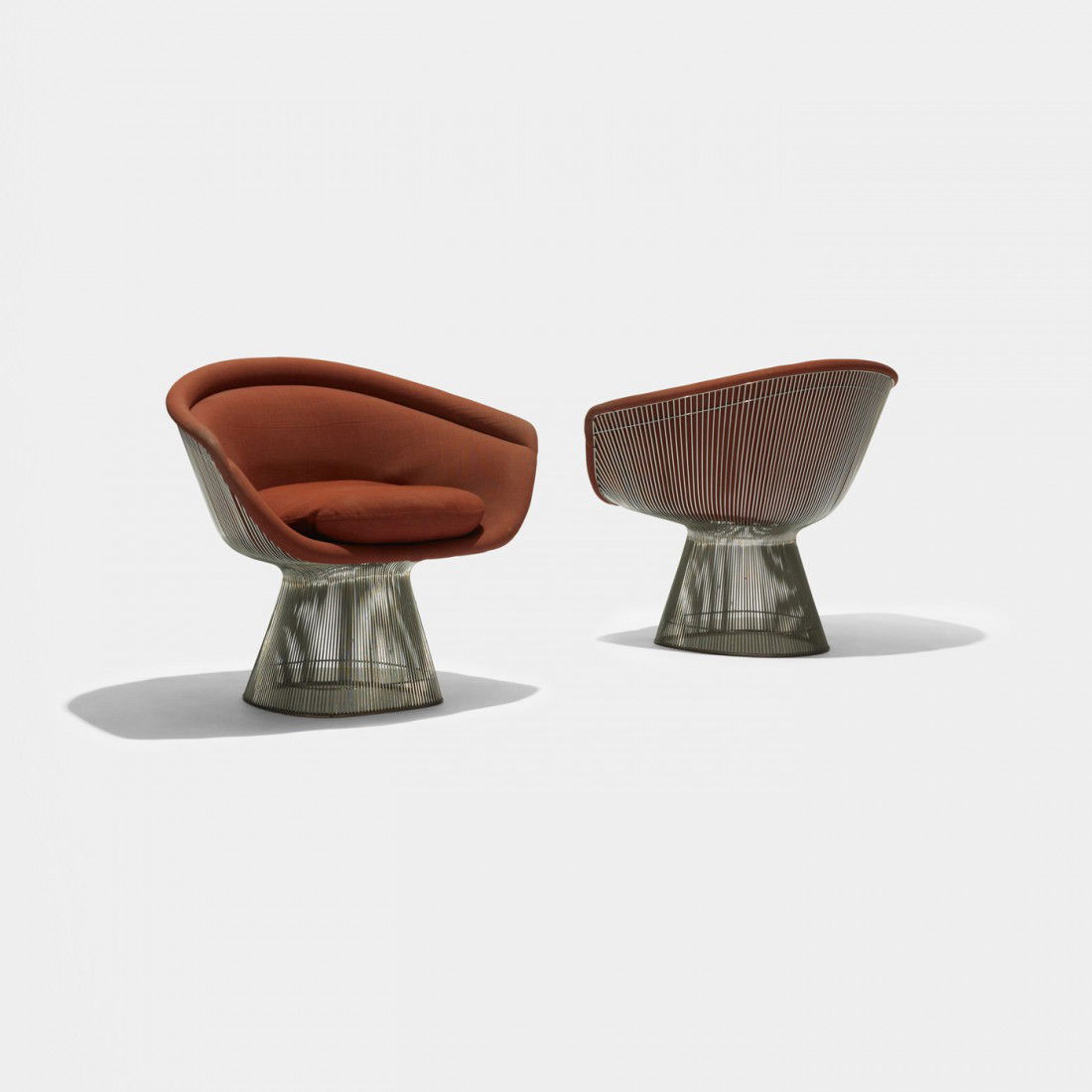 Warren Platner lounge chairs, pair: Warren Platner lounge chairs, pair Knoll International USA, 1966/1984 chrome-plated steel, upholstery 36.5 w x 25 d x 30 h inches Signed with paper manufacturer's label to underside of each example: [