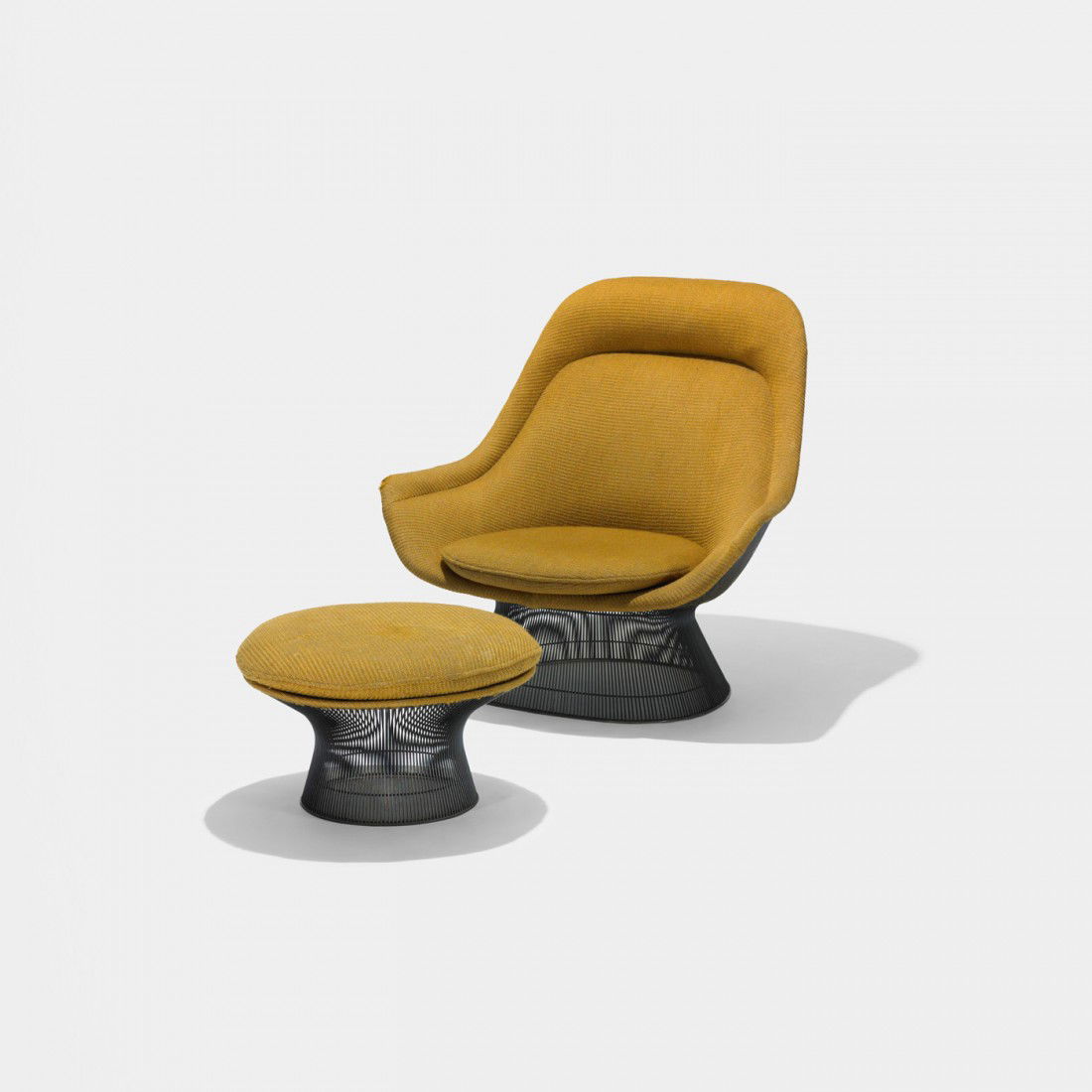 Warren Platner lounge chair and ottoman: Warren Platner lounge chair and ottoman Knoll International USA, 1966 upholstery, enameled steel 40.5 w x 35 d x 39 h inches Ottoman measures: 25 dia x 15 h inches. Signed with decal manufacturerâ€