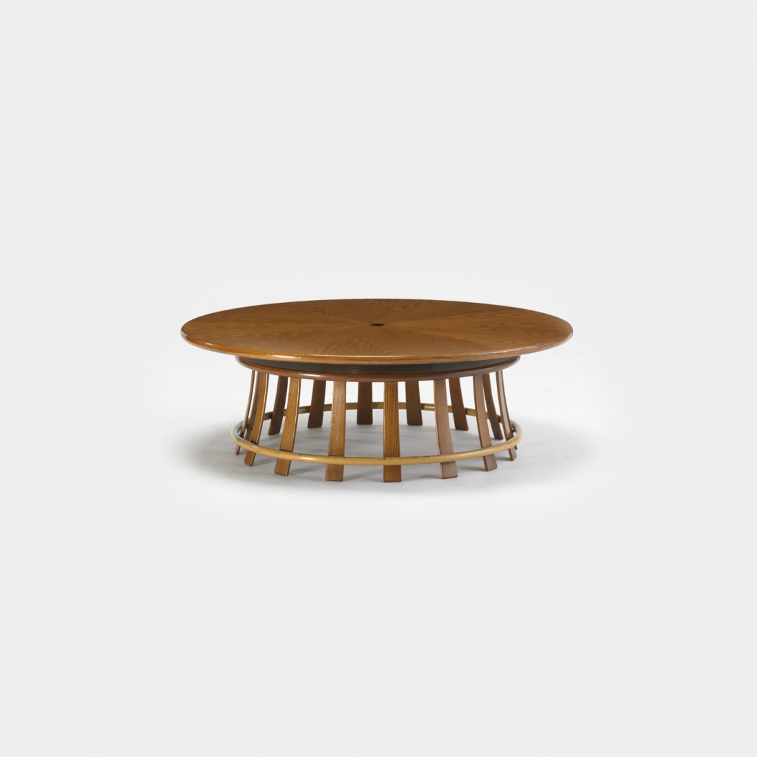 Edward Wormley Toad Stool table, model 618T: Edward Wormley Toad Stool table, model 618T Dunbar USA, c. 1967 stained oak, enameled steel 38 dia x 12.75 h inches Signed with applied gold 'D' manufacturerâ€™s label to underside: [Dunbar Berne