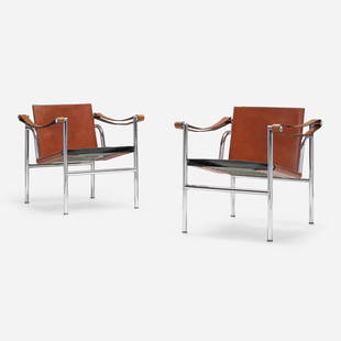 Le Corbusier, Basculant chairs model LC/1, pair: Le Corbusier Basculant chairs model LC/1, pair CassinaSwitzerland/France / Italy, 1929 / c. 1970chrome-plated steel, leather 25.5 h x 23.5 w x 25.5 d in (65 x 60 x 65 cm) Impressed manuf