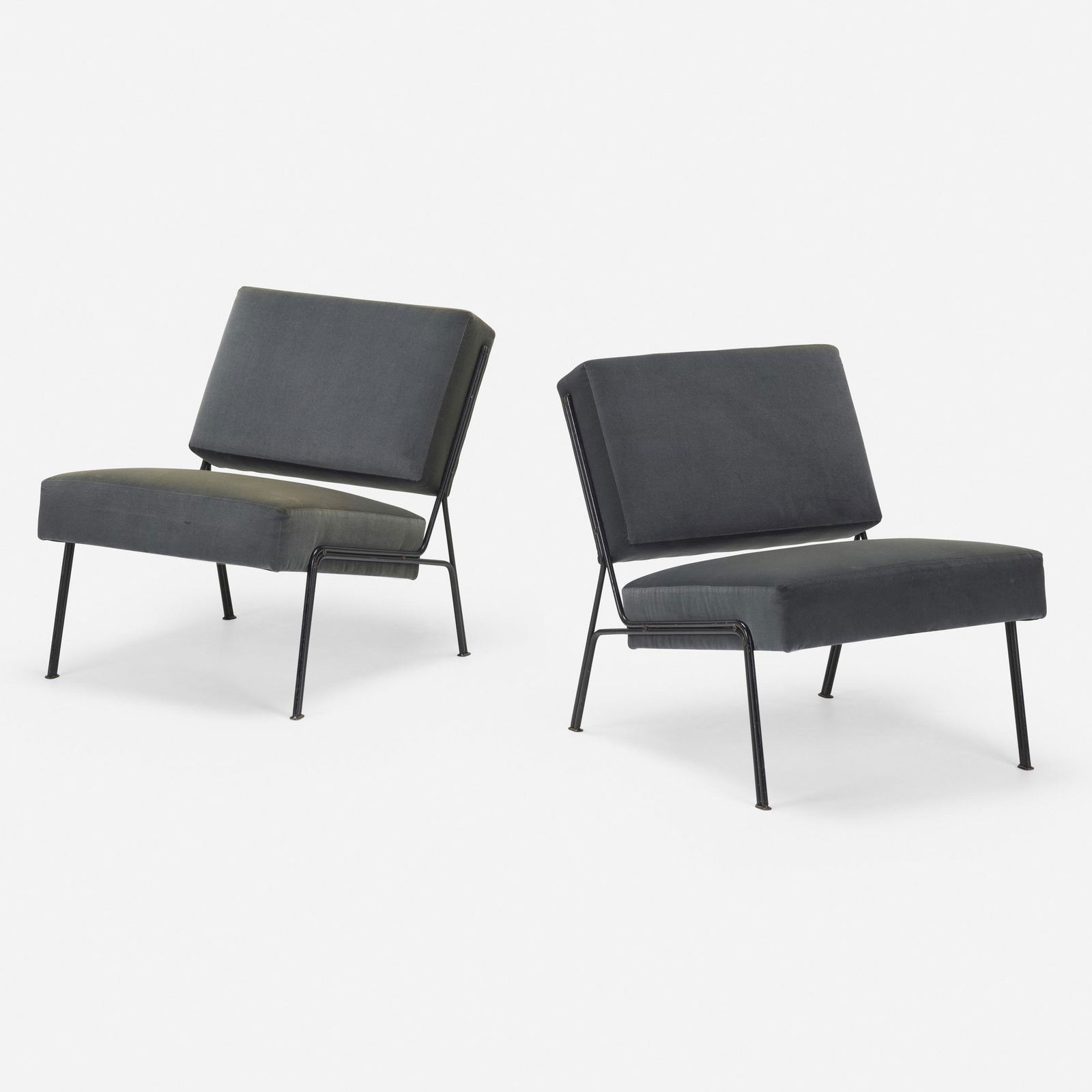Guariche, Motte and Mortier, G2 lounge chairs: Pierre Guariche, Joseph-Andre Motte and Michel Mortier G2 lounge chairs, pair A.R.P.France, c. 1955velvet upholstery, enameled iron 27.5 h x 22 w x 29 d in (70 x 56 x 74 cm) Prov