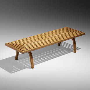 Edward Durell Stone, Coffee table: Edward Durell Stone Coffee table Fulbright FurnitureUSA, c. 1945oak 15 h x 62.5 w x 19.5 d in (38 x 159 x 50 cm) Literature: Edward Durell Stone: The Evolution of an