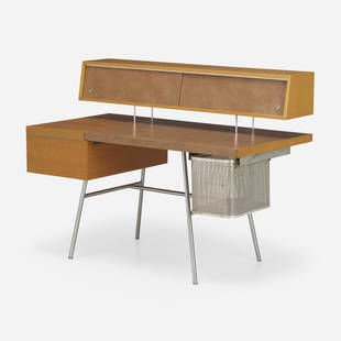 George Nelson & Associates, Home Office desk: George Nelson & Associates Home Office desk, model 4658 Herman MillerUSA, 1946combed oak, chrome-plated steel, leather, perforated aluminum 41 h x 54 w x 28 d in (104 x 137 x 71 cm) Desk