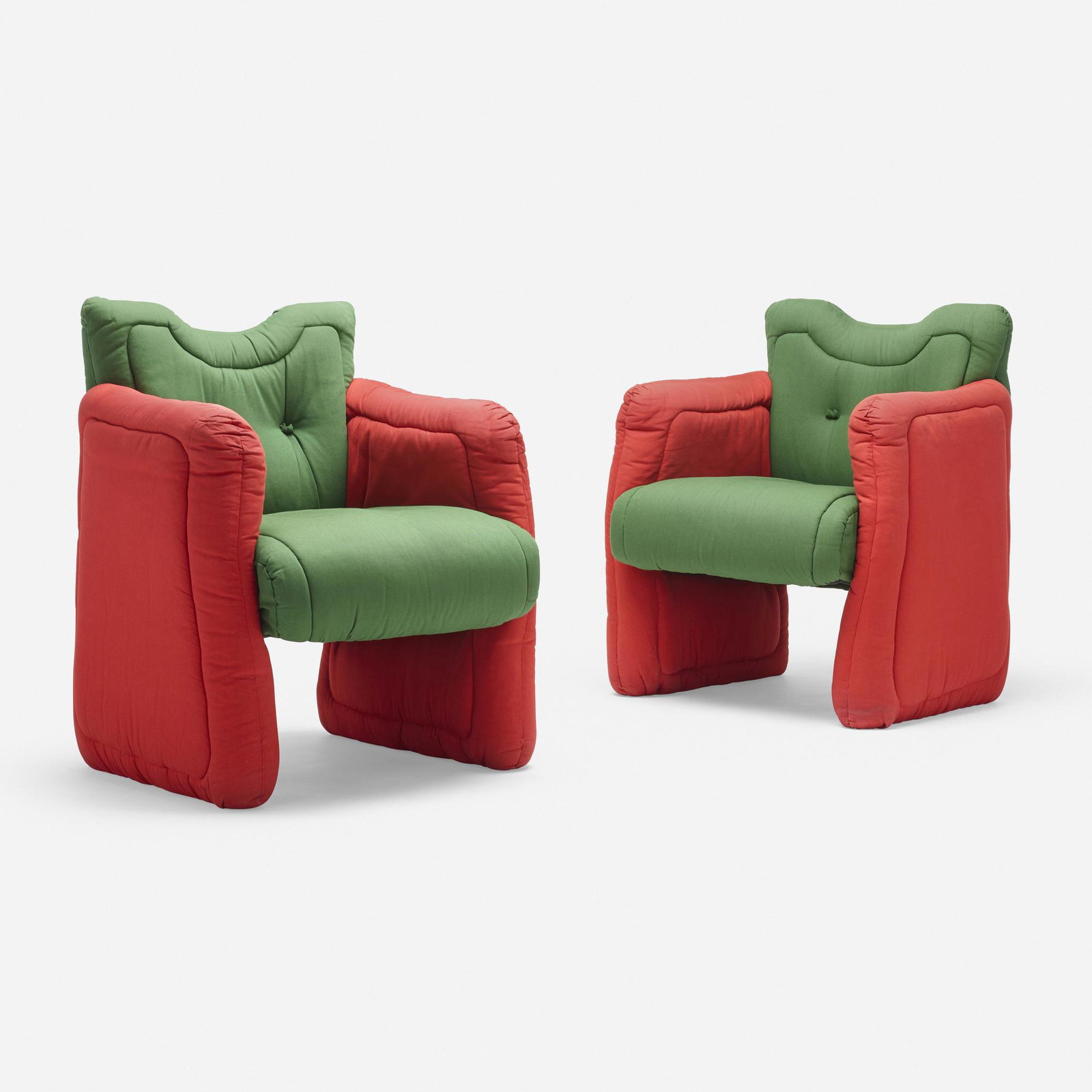 Gaetano Pesce, Rare Puffy chairs, pair: Gaetano Pesce Rare Puffy chairs, pair Italy, 1991 upholstery 32.5 h x 28.5 w x 26 d in (83 x 72 x 66 cm) Literature: Out in the World with Gaetano Pesce, Museum, unpagin