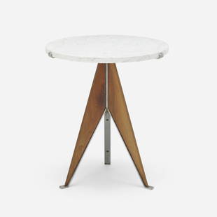 Italian, Occasional table: Italian Occasional table c. 1950marble, Italian walnut, matte chrome-plated steel 21.75 h x 19 dia in (55 x 48 cm) This work will ship from Chicago, Illinois.