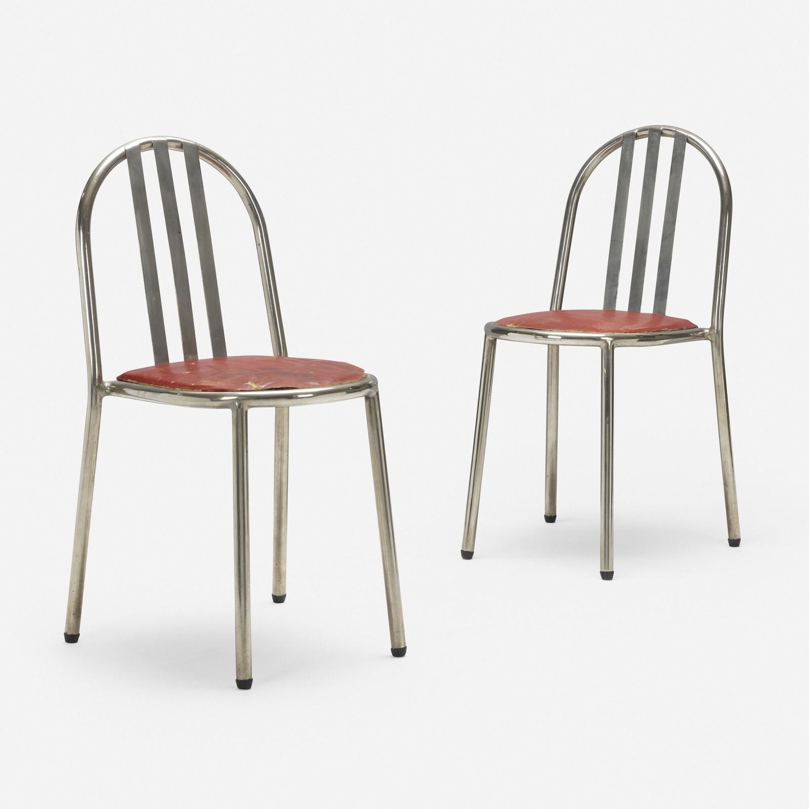 Robert Mallet-Stevens, Rare stacking chairs, pair: Robert Mallet-Stevens Rare stacking chairs, pair TuborFrance, c. 1930nickel-plated steel, leatherette upholstery, rubber 33 h x 18 w x 21 d in (84 x 46 x 53 cm) This work wi