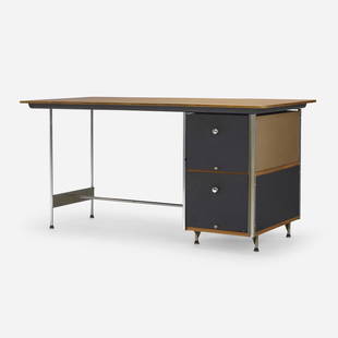 Charles and Ray Eames, EDU: Charles and Ray Eames EDU Herman Miller USA, 1952 walnut plywood, lacquered masonite, chrome-plated steel, enameled steel 29.75 h x 60 w x 28 d in (76 x 152 x 71 cm) Desk features two file