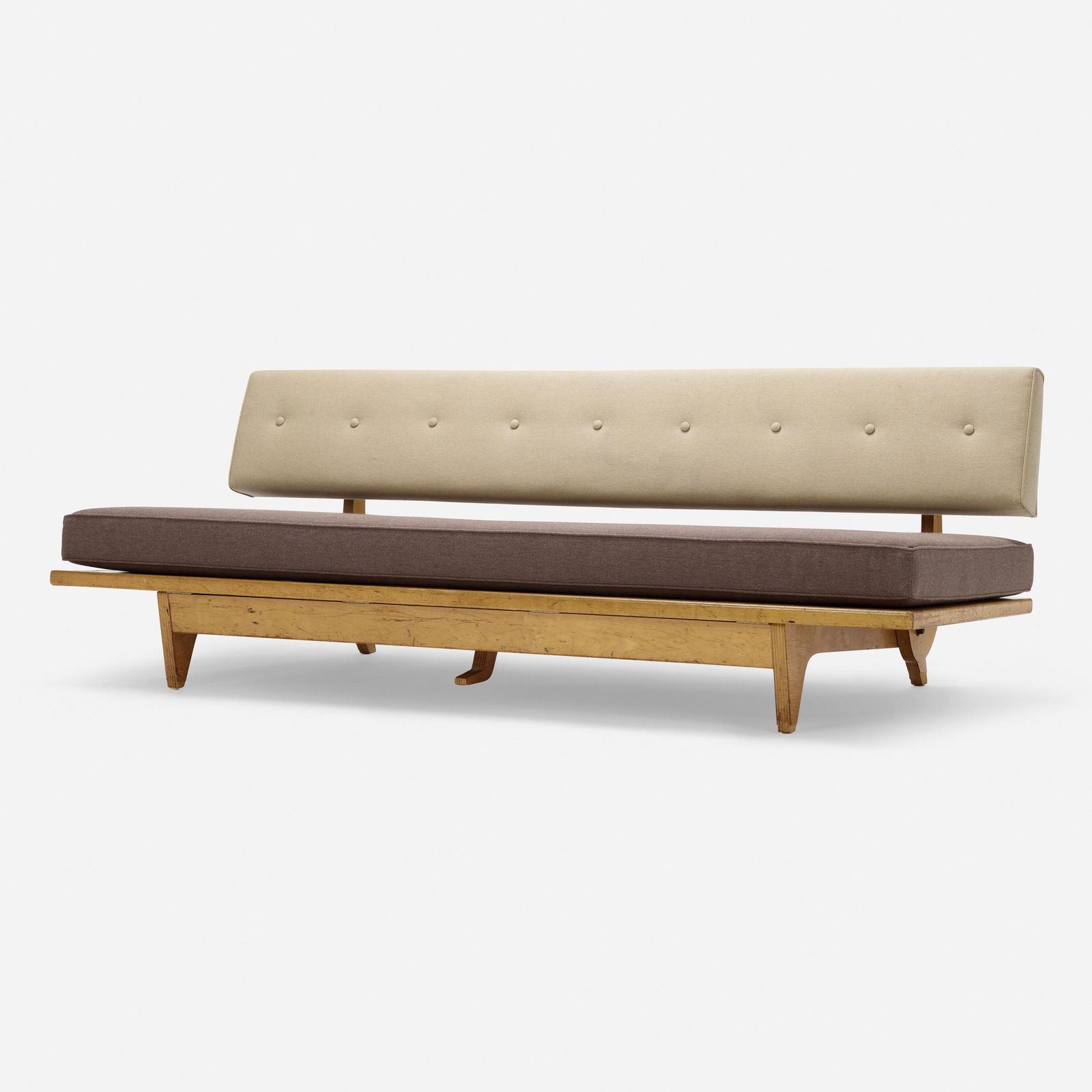 Richard Stein, Daybed: Richard Stein Daybed Knoll AssociatesUSA, 1947upholstery, birch, birch plywood 27 h x 76 w x 35 d in (69 x 193 x 89 cm) The backrest of this daybed retracts, creating a flat surface meas