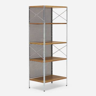 After Charles and Ray Eames, Shelving unit: After Charles and Ray Eames Shelving unit USA, c. 2000birch plywood, perforated steel, chrome-plated steel 58.25 h x 24.25 w x 16.25 d in (148 x 62 x 41 cm) This unit was assembled using ESU c