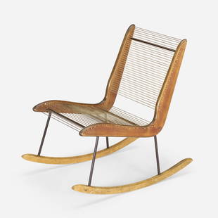 Jacques Guillon, attribution, Rocking chair: Jacques Guillon, attribution Rocking chair c. 1953 walnut, birch, enameled steel, nylon cord 29 h x 21 w x 30.5 d in (74 x 53 x 77 cm) This work will ship from Chicago, Illinois.