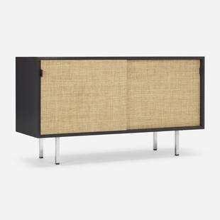 Florence Knoll, Cabinet: Florence Knoll Cabinet Knoll International USA, 1948 / c. 1970 lacquered wood, grass cloth, chrome-plated steel, leather 27.25 h x 48 w x 18 d in (69 x 122 x 46 cm) Cabinet features two sliding