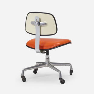 Charles and Ray Eames, Secretarial chair: Charles and Ray Eames Secretarial chair, model EC228 Herman Miller USA, 1971 / c. 1985 vinyl, aluminum, molded fiberglass, chrome-plated steel, rubber 29.75 h x 19 w x 19 d in (76 x 48 x 48 cm) 