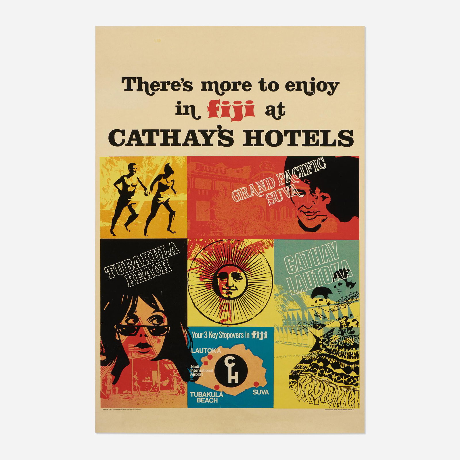 Lance Westerman, Cathay's Hotels poster: Lance Westerman Cathay's Hotels poster c. 1960 screenprint in colors 36 h x 23.875 w in (91 x 61 cm) This work is from the edition printed by Martin Printing Company, Napier, New Zealand.