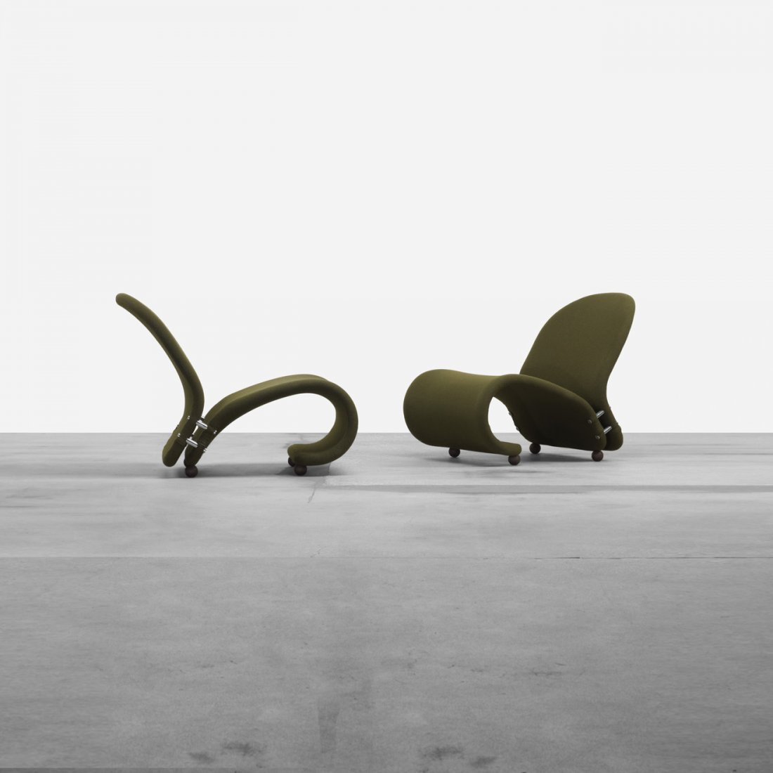 Verner Panton 1-2-3 System lounge chairs, pair: Verner Panton 1-2-3 System lounge chairs model G, pair Fritz Hansen Denmark, 1973 upholstery, chrome-plated steel, stained maple 23.5 w x 35 d x 27.5 h inches Literature: Verner Panton: The Collected