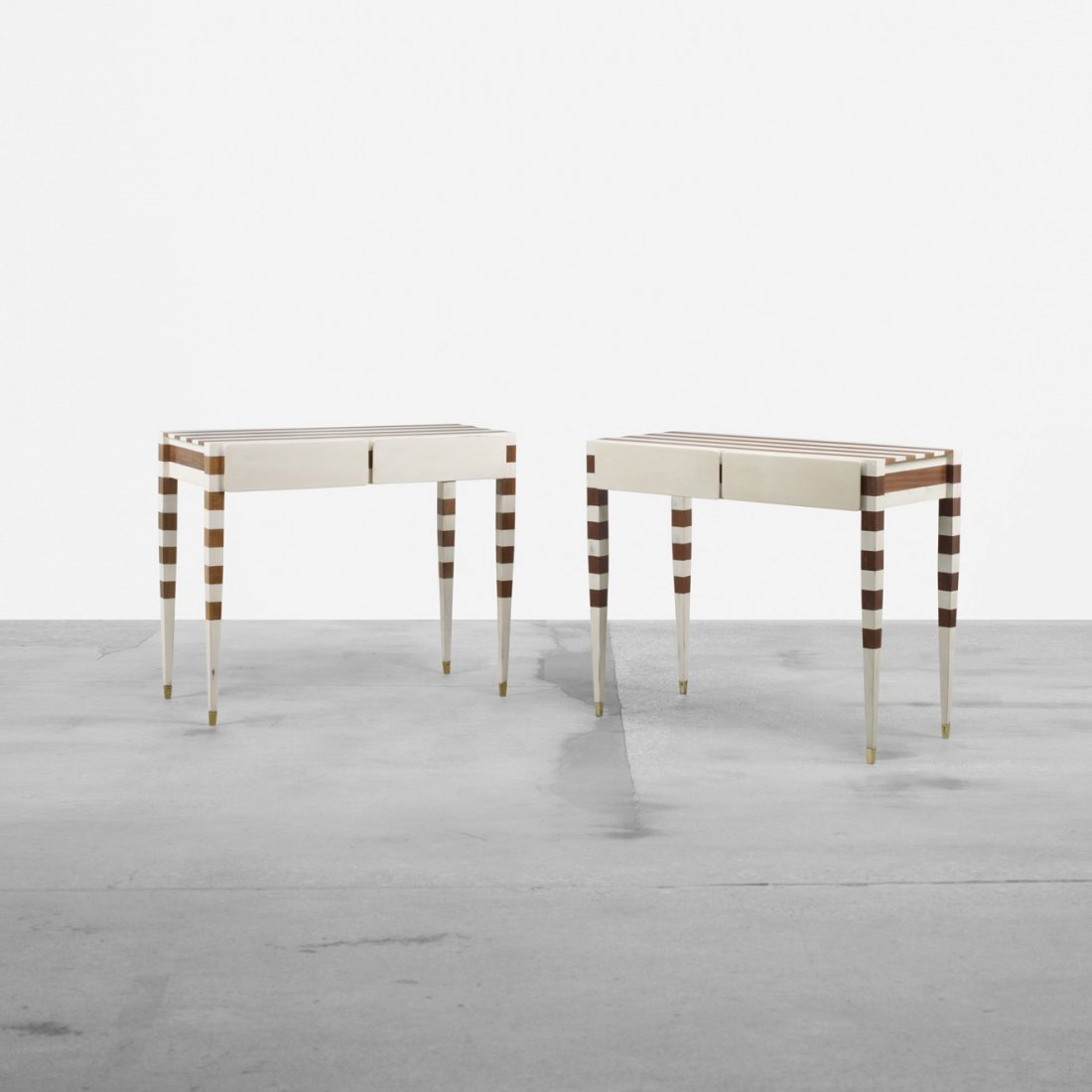 Gio Ponti and Cristina Longo consoles, pair: Gio Ponti and Cristina Longo customized consoles, pair Giordano Chiesa Italy, 1953/2011 lacquered Italian walnut, brass 36.75 w x 17.75 d x 30.5 h inches Sold with a copy of a letter of authentication