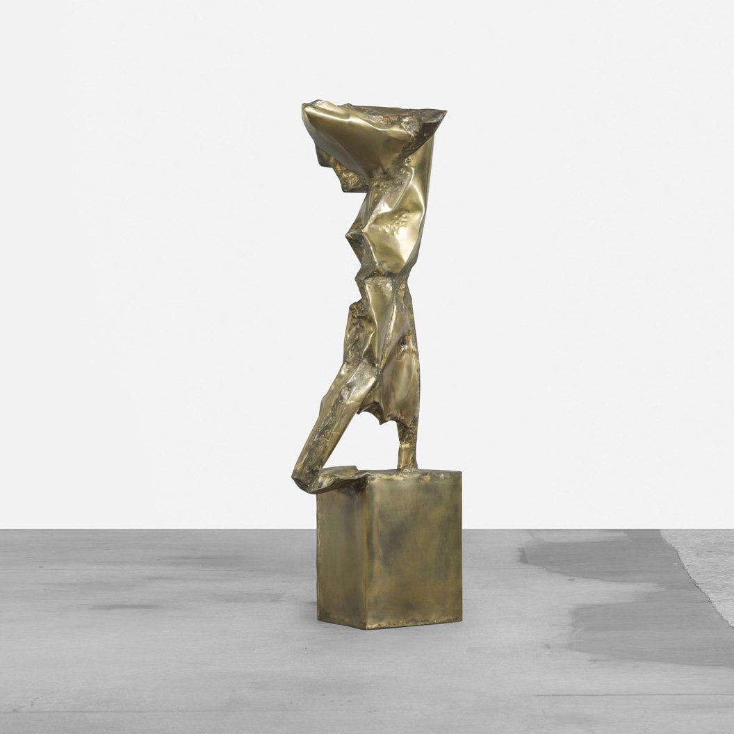 Abbott Pattison untitled: Abbott Pattison untitled USA, c. 1975 hammered brass 63.5 h x 22 w inches Incised signature to top of base 'A. Pattison'.